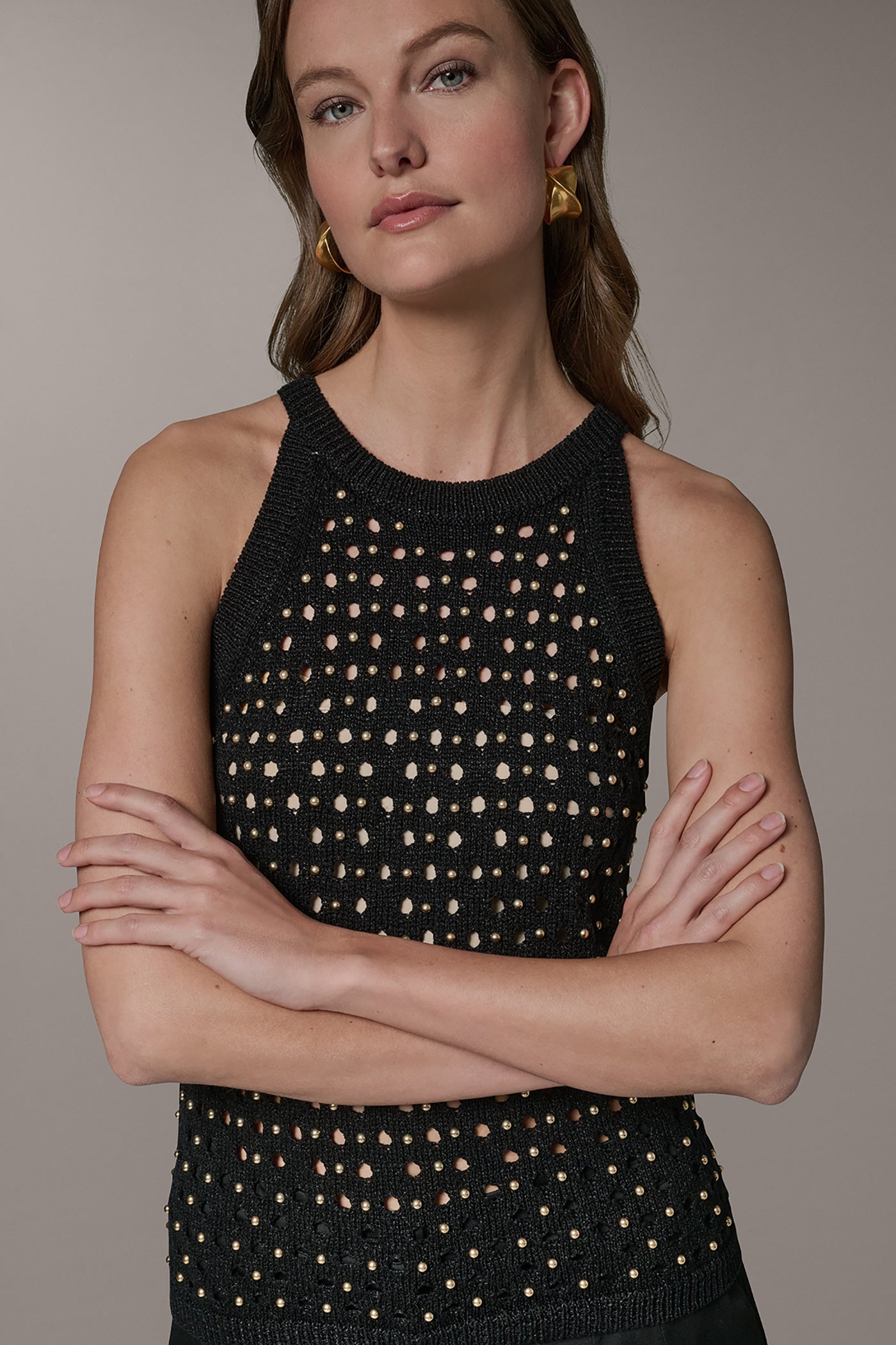 Black SLEEVELESS OPEN-STITCH HALTER SWEATER Donna Karan