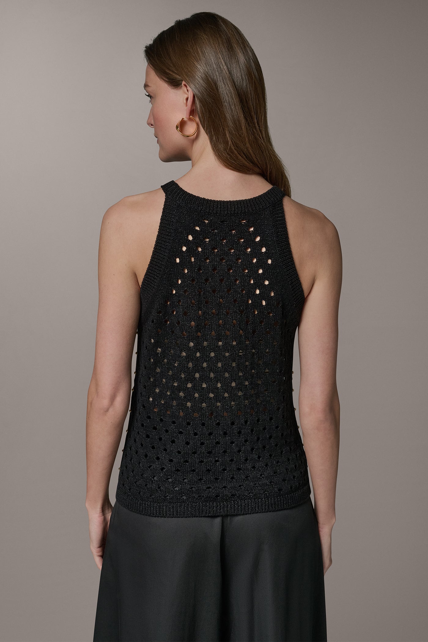 Black SLEEVELESS OPEN-STITCH HALTER SWEATER Donna Karan