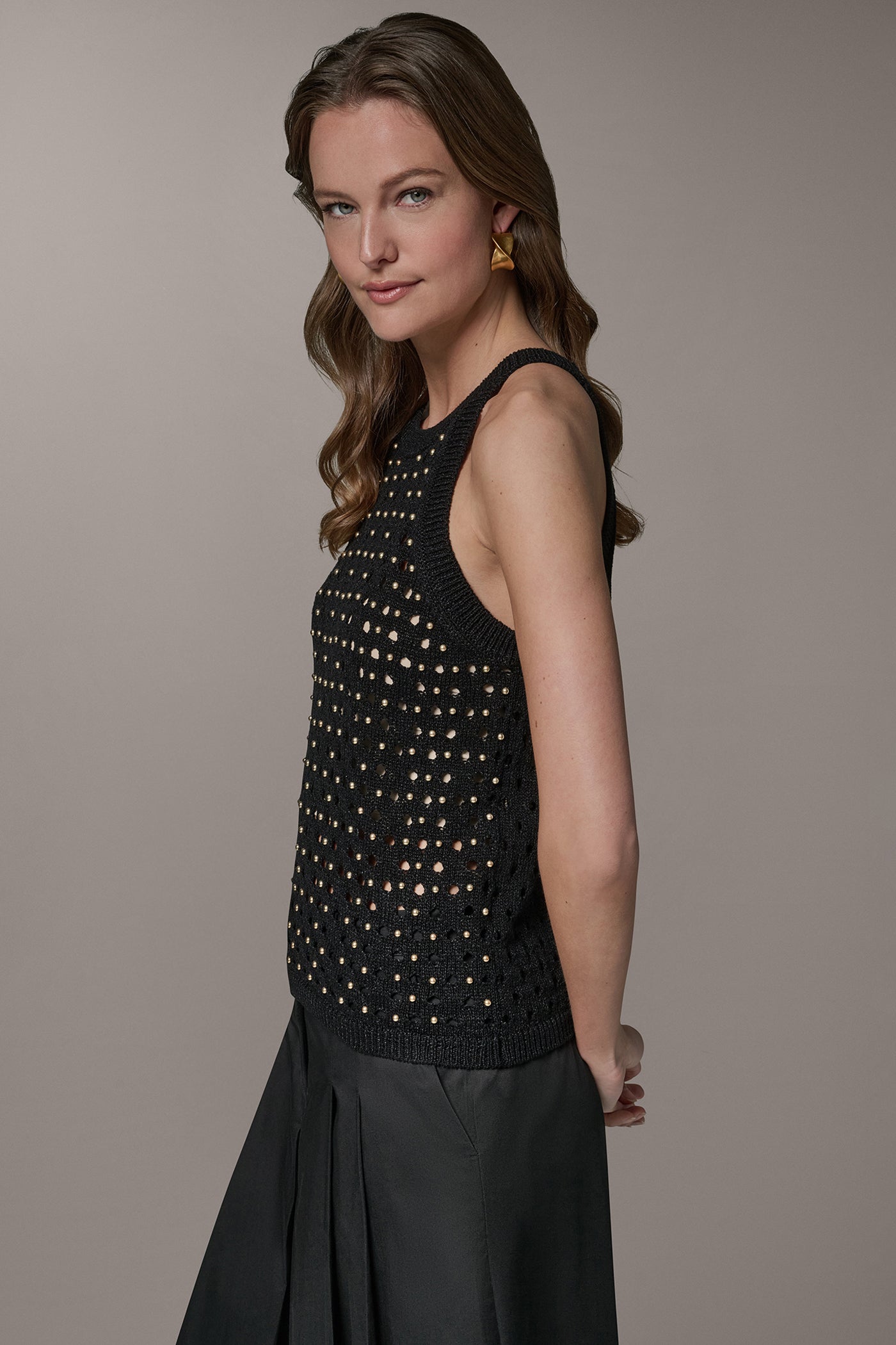 Black SLEEVELESS OPEN-STITCH HALTER SWEATER Donna Karan