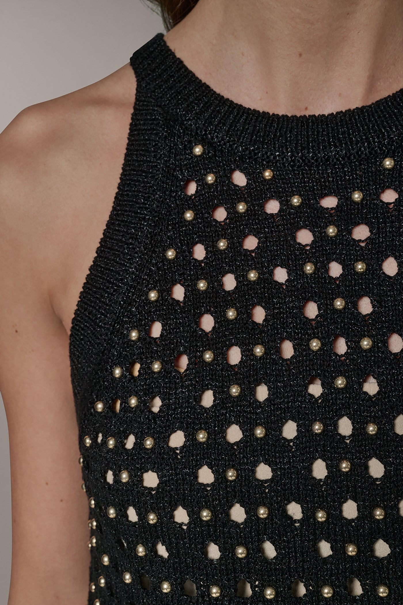 Black SLEEVELESS OPEN-STITCH HALTER SWEATER Donna Karan