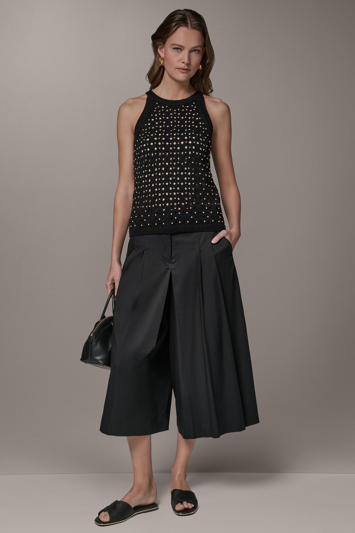Black SLEEVELESS OPEN-STITCH HALTER SWEATER Donna Karan