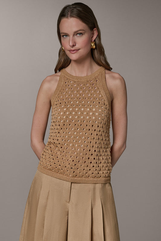 Fawn SLEEVELESS OPEN-STITCH HALTER SWEATER Donna Karan