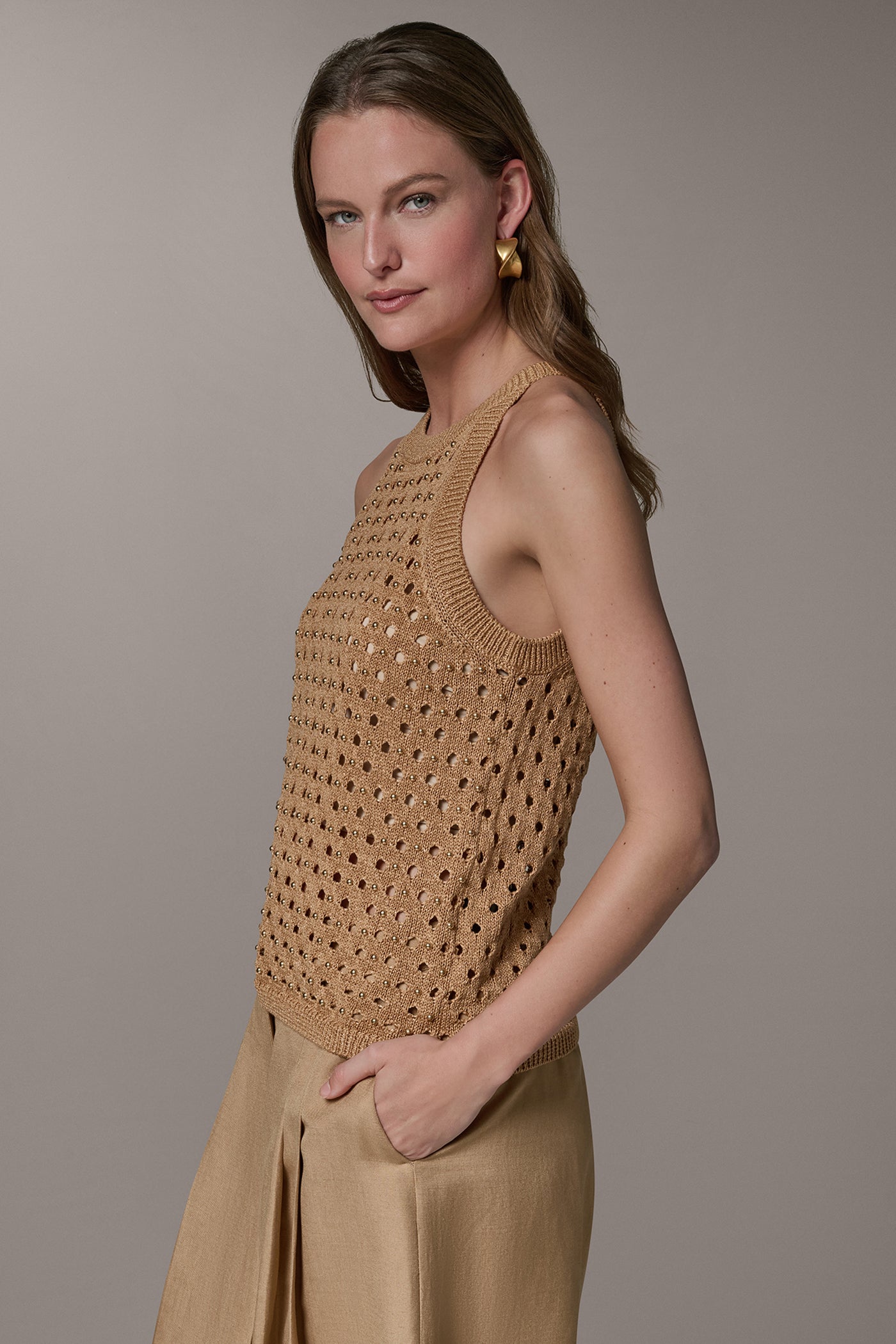 Fawn SLEEVELESS OPEN-STITCH HALTER SWEATER Donna Karan