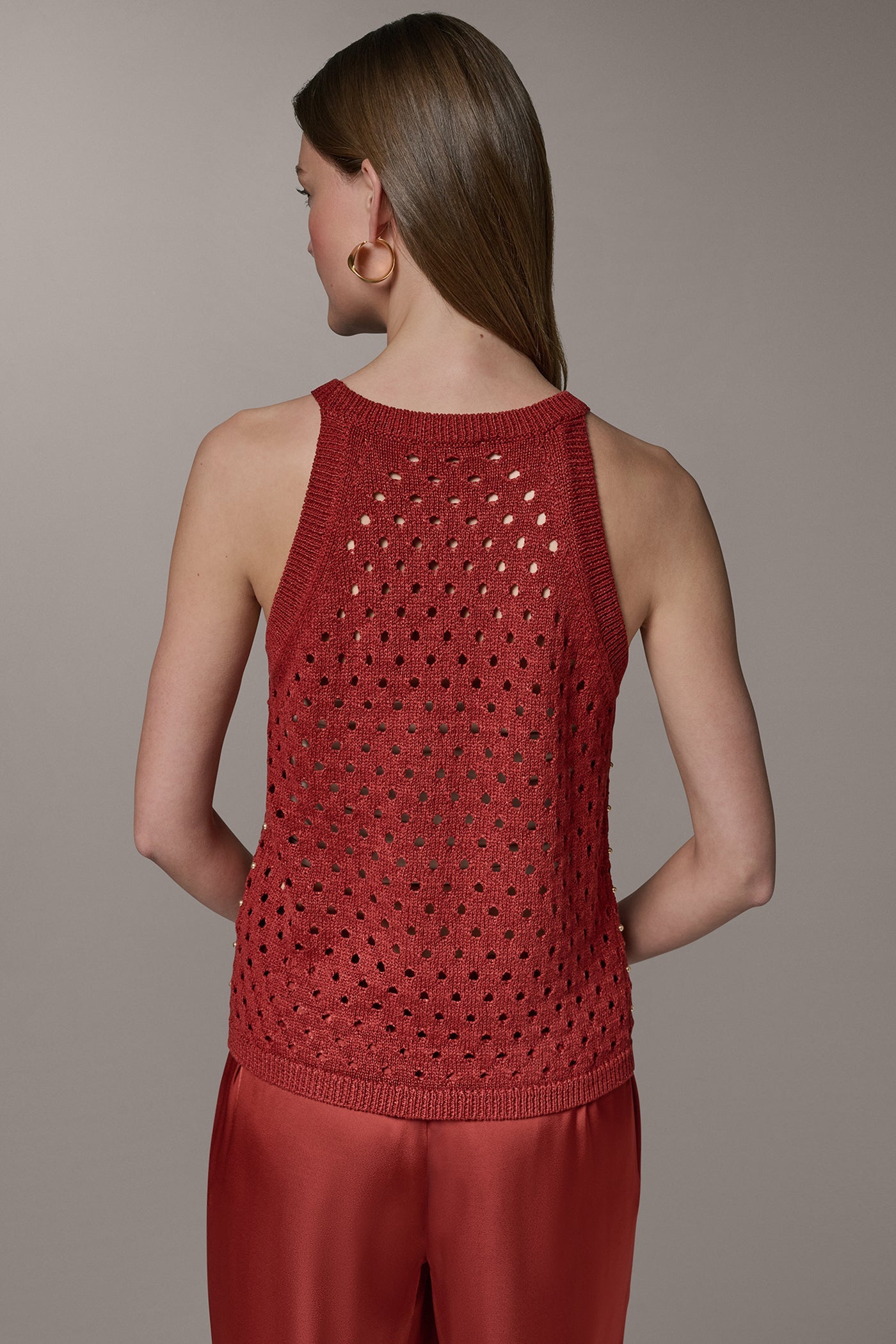 Sunbaked SLEEVELESS OPEN-STITCH HALTER SWEATER Donna Karan