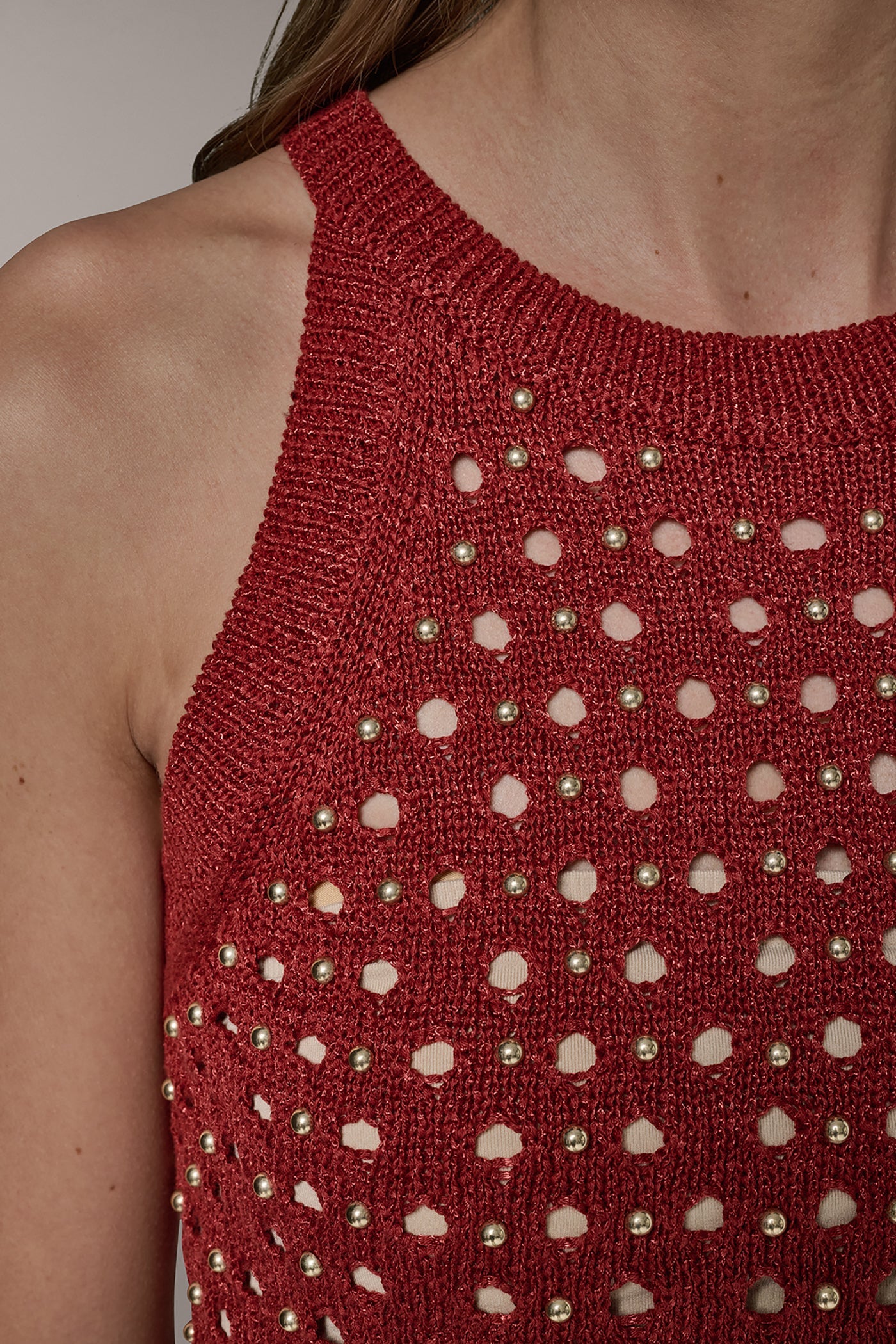Sunbaked SLEEVELESS OPEN-STITCH HALTER SWEATER Donna Karan