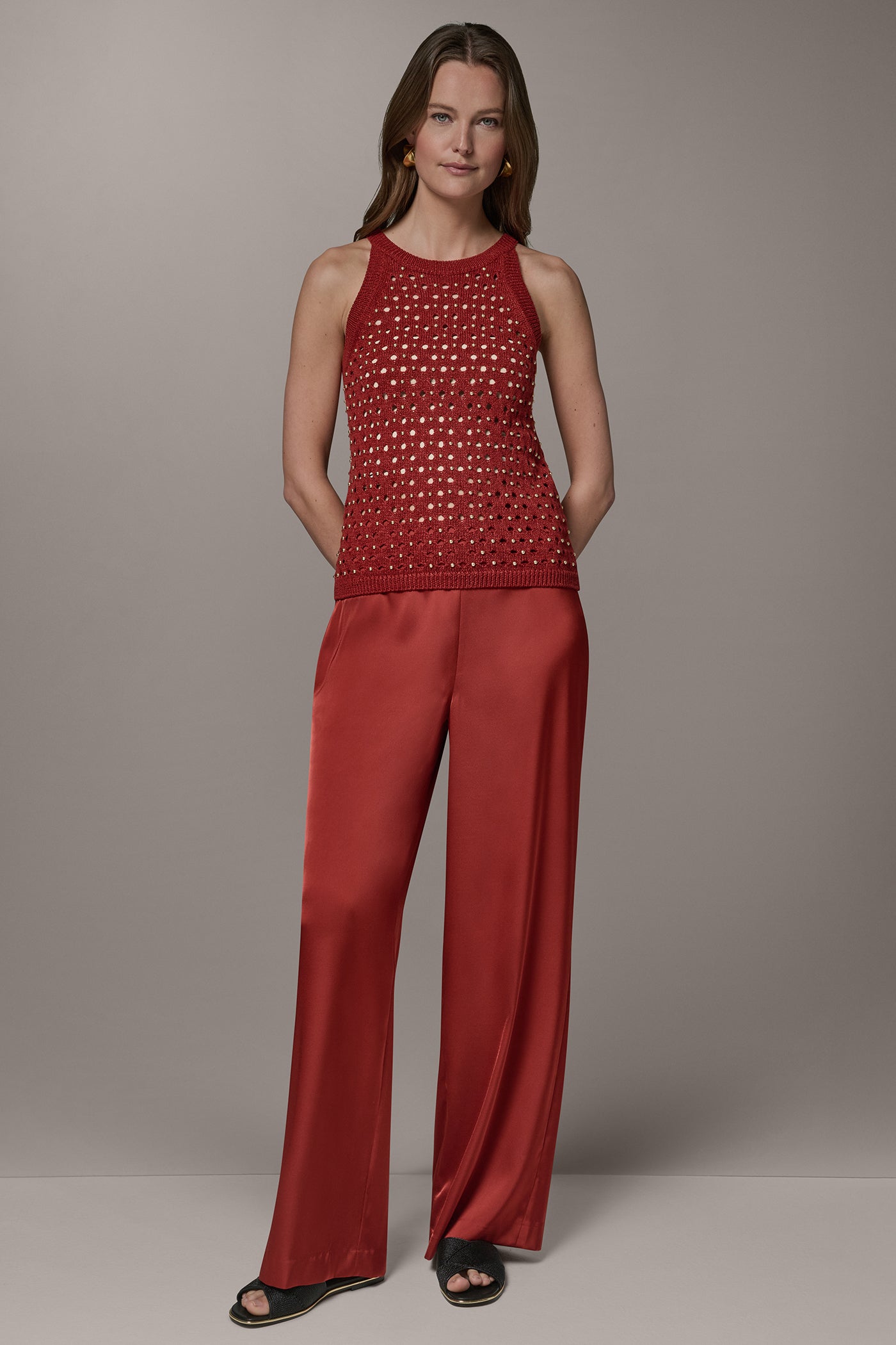 Sunbaked SLEEVELESS OPEN-STITCH HALTER SWEATER Donna Karan
