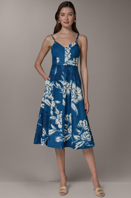 Prussian Blue Multi SLEEVELESS MIDI FIT AND FLARE DRESS Donna Karan