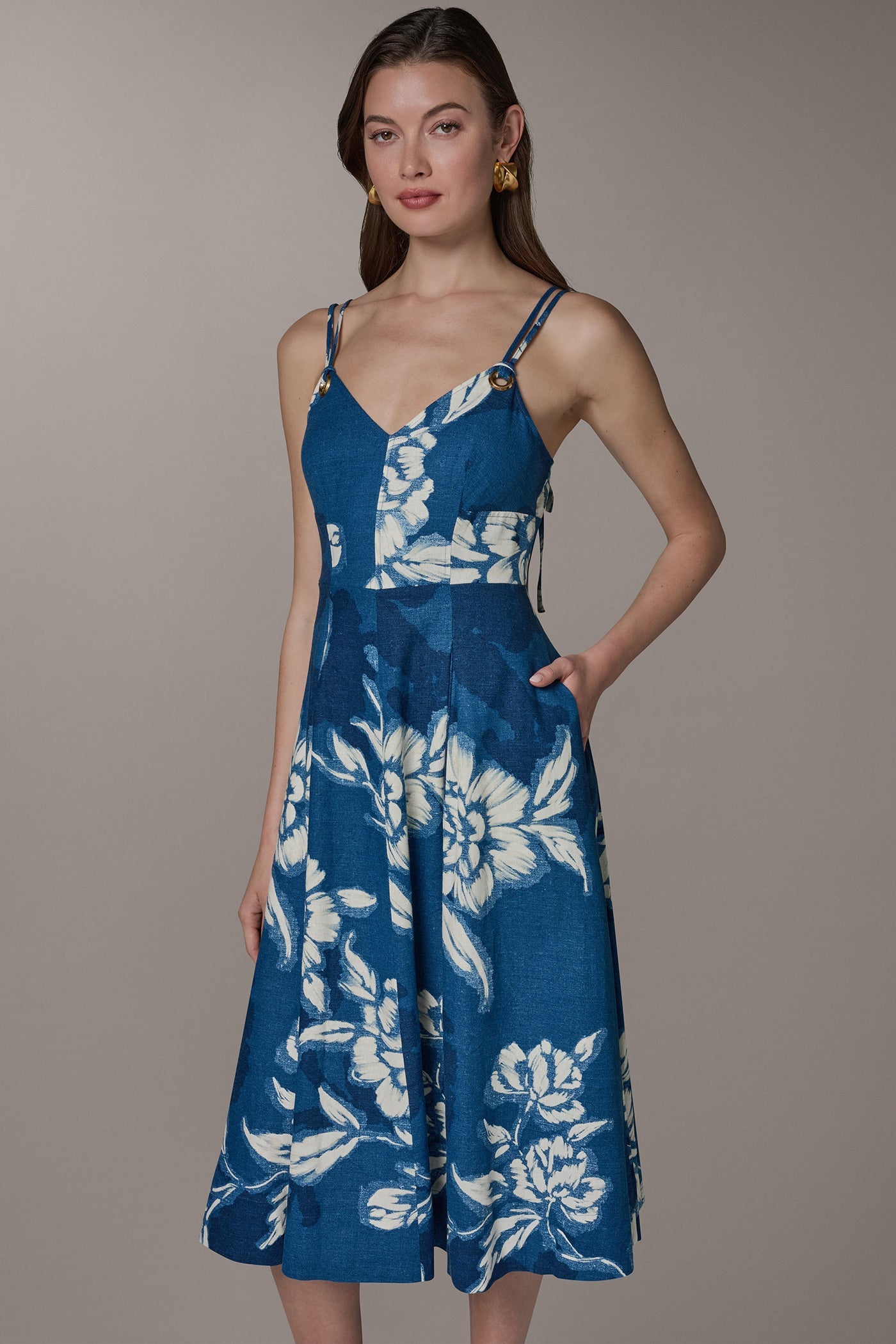 Prussian Blue Multi SLEEVELESS MIDI FIT AND FLARE DRESS Donna Karan