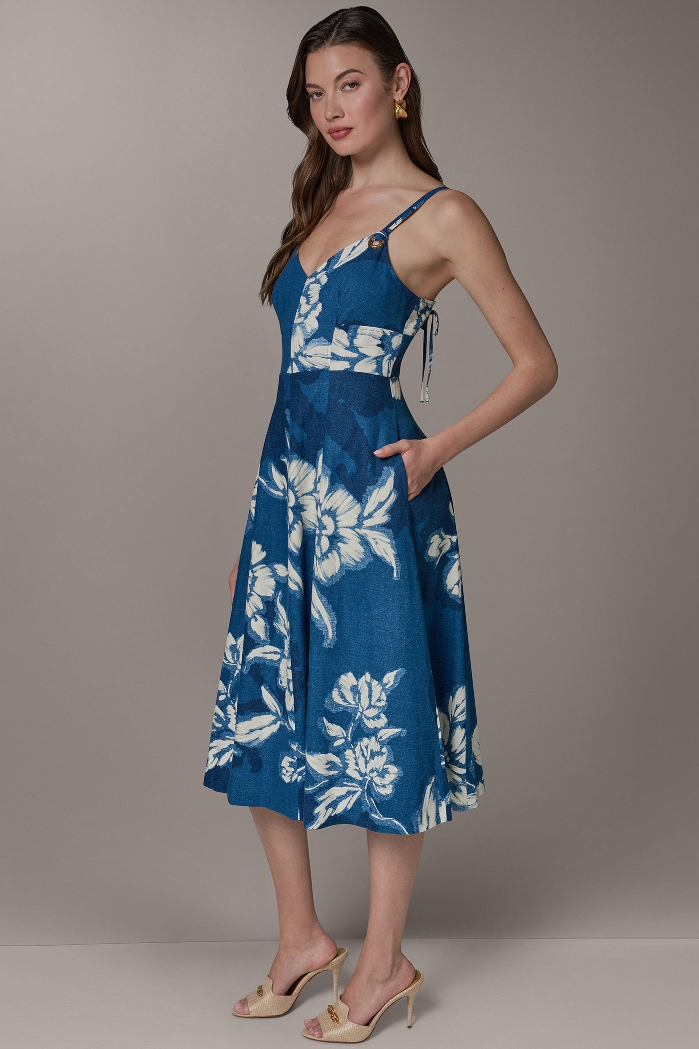 Prussian Blue Multi SLEEVELESS MIDI FIT AND FLARE DRESS Donna Karan