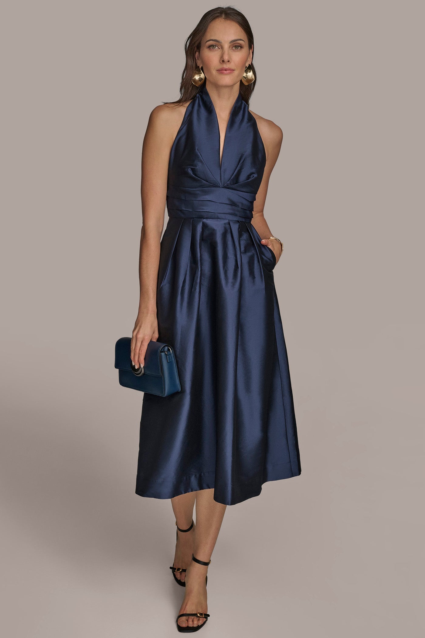 Taffeta blue SLEEVELESS V-NECK TAFFETA MIDI COCKTAIL DRESS Donna Karan