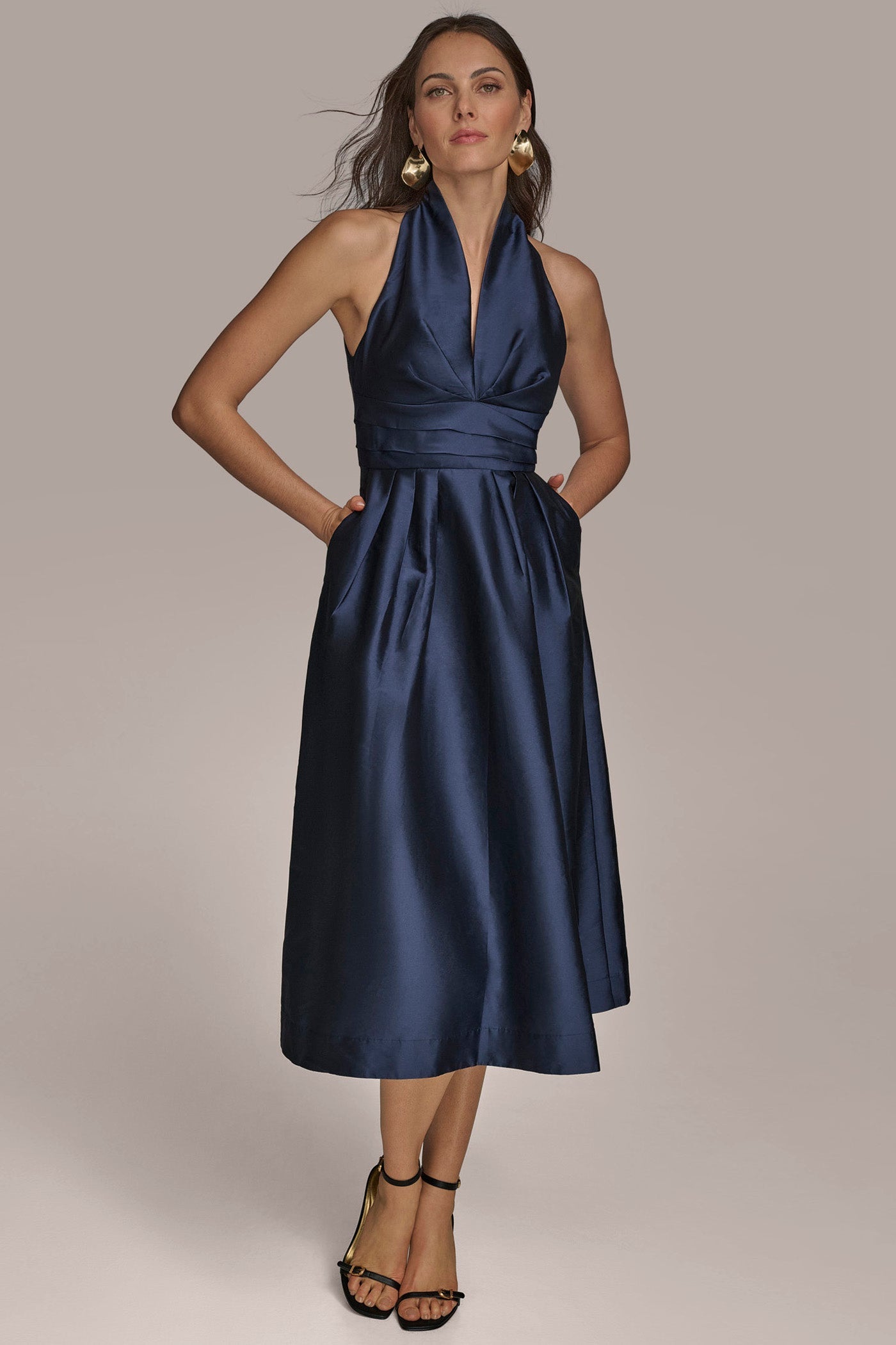 Taffeta blue SLEEVELESS V-NECK TAFFETA MIDI COCKTAIL DRESS Donna Karan
