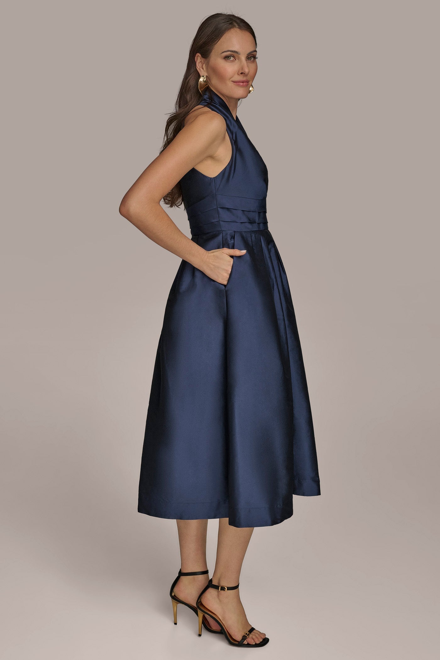 Taffeta blue SLEEVELESS V-NECK TAFFETA MIDI COCKTAIL DRESS Donna Karan