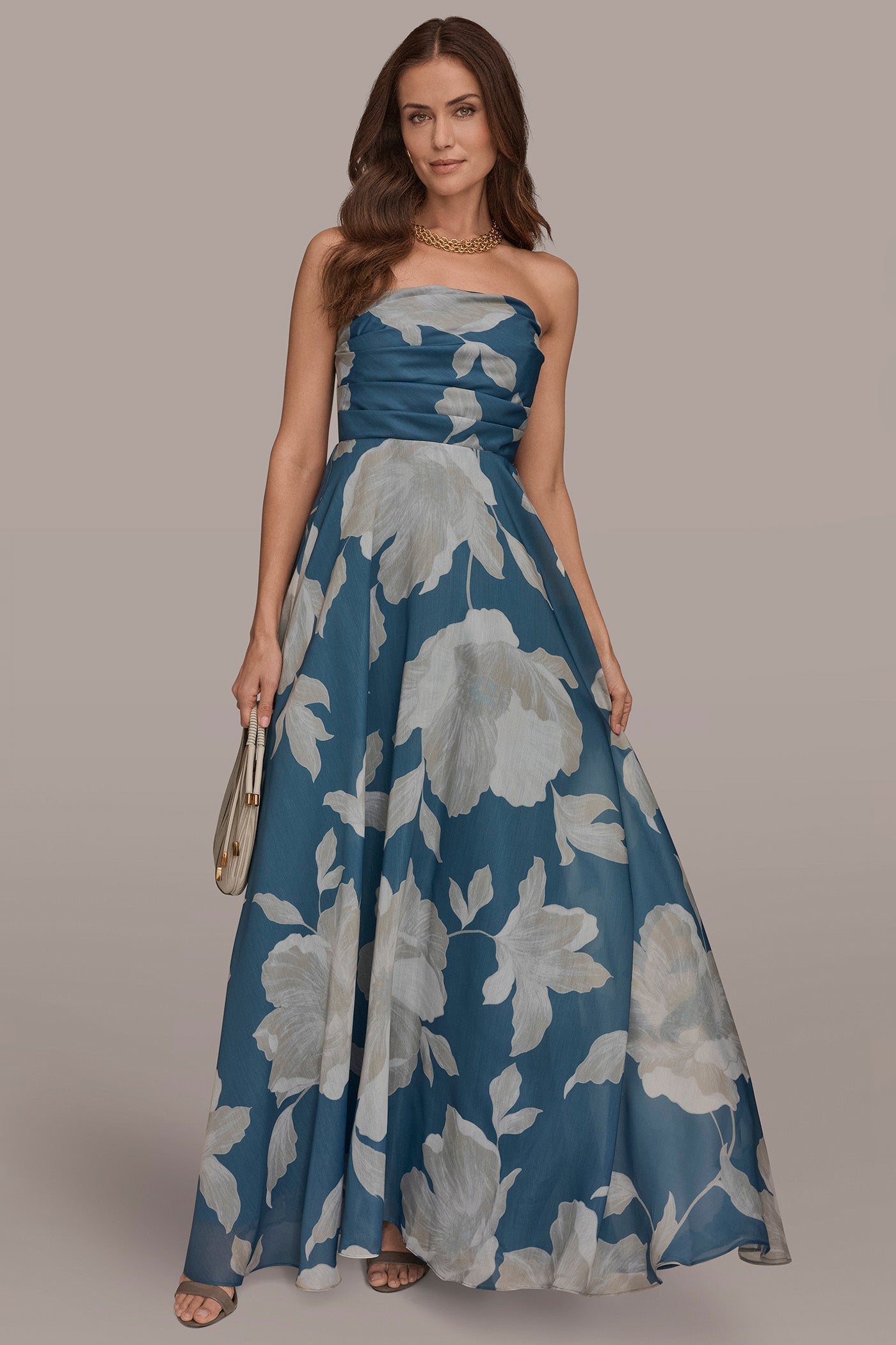 Washed Indigo/Cream Multi ORGANZA STRAPLESS FLORAL PLEATED GOWN Donna Karan