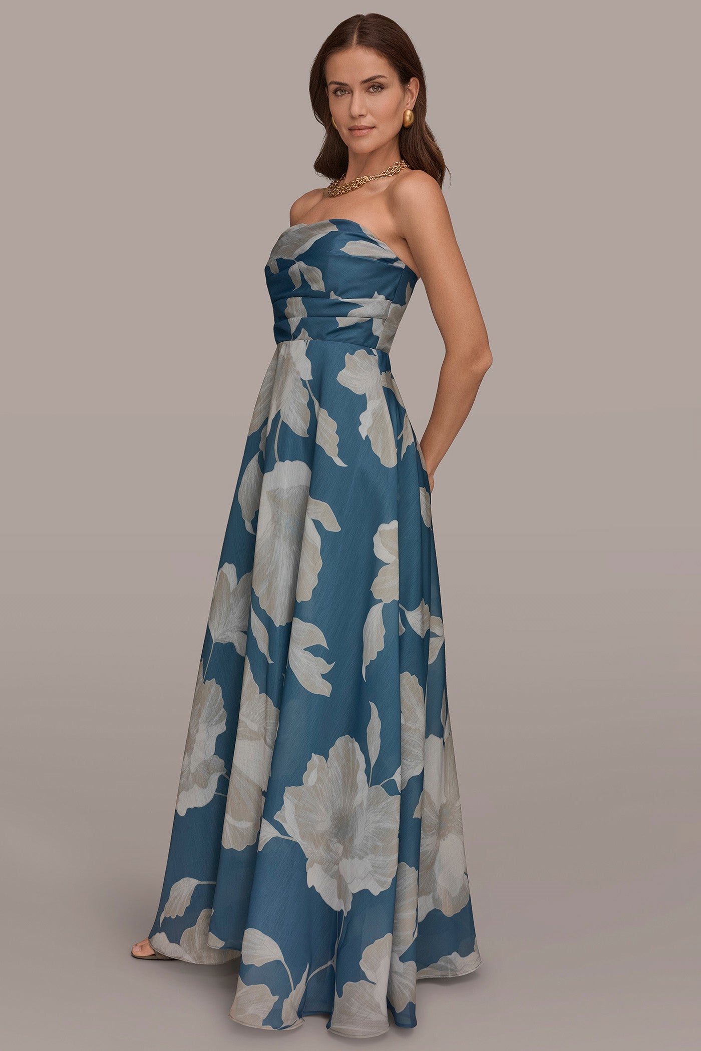 Washed Indigo/Cream Multi ORGANZA STRAPLESS FLORAL PLEATED GOWN Donna Karan