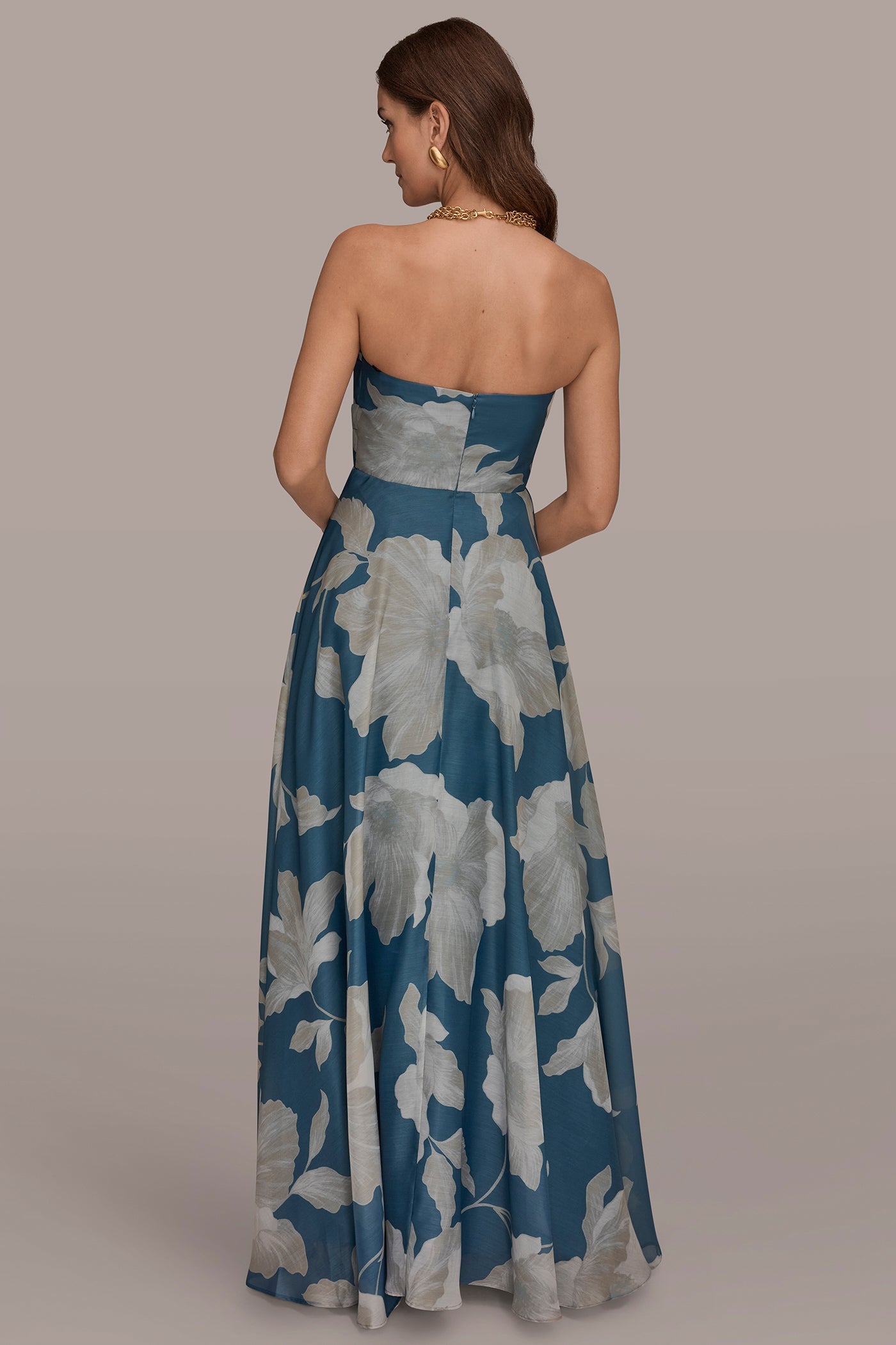 Washed Indigo/Cream Multi ORGANZA STRAPLESS FLORAL PLEATED GOWN Donna Karan