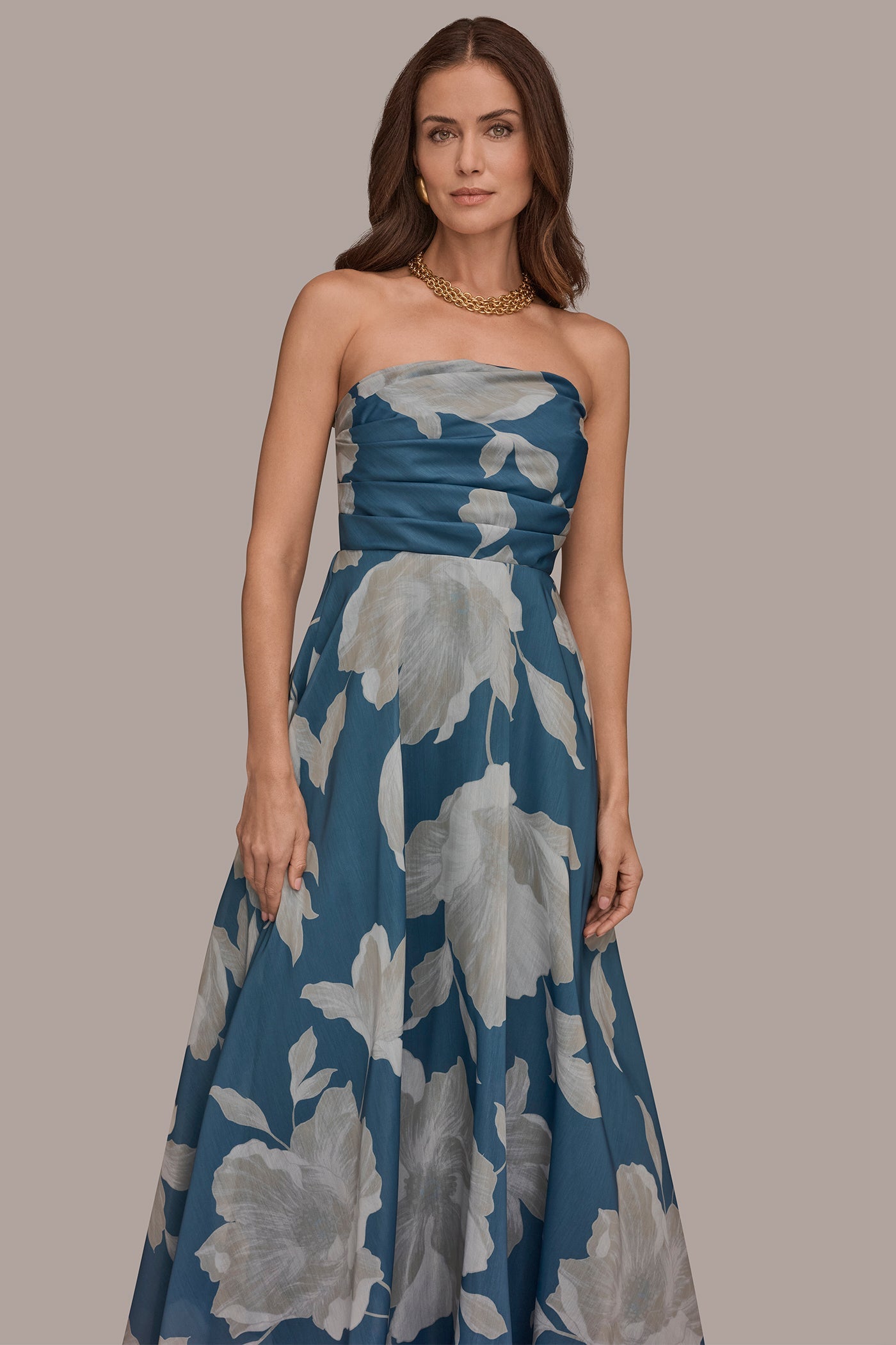 Washed Indigo/Cream Multi ORGANZA STRAPLESS FLORAL PLEATED GOWN Donna Karan