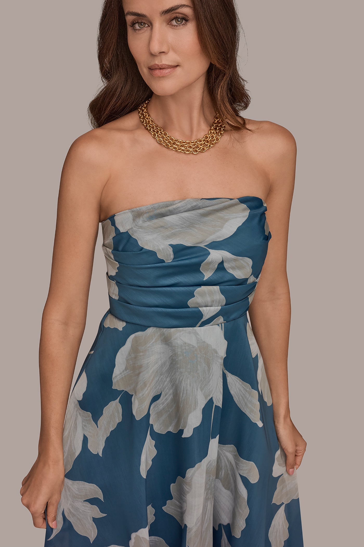 Washed Indigo/Cream Multi ORGANZA STRAPLESS FLORAL PLEATED GOWN Donna Karan