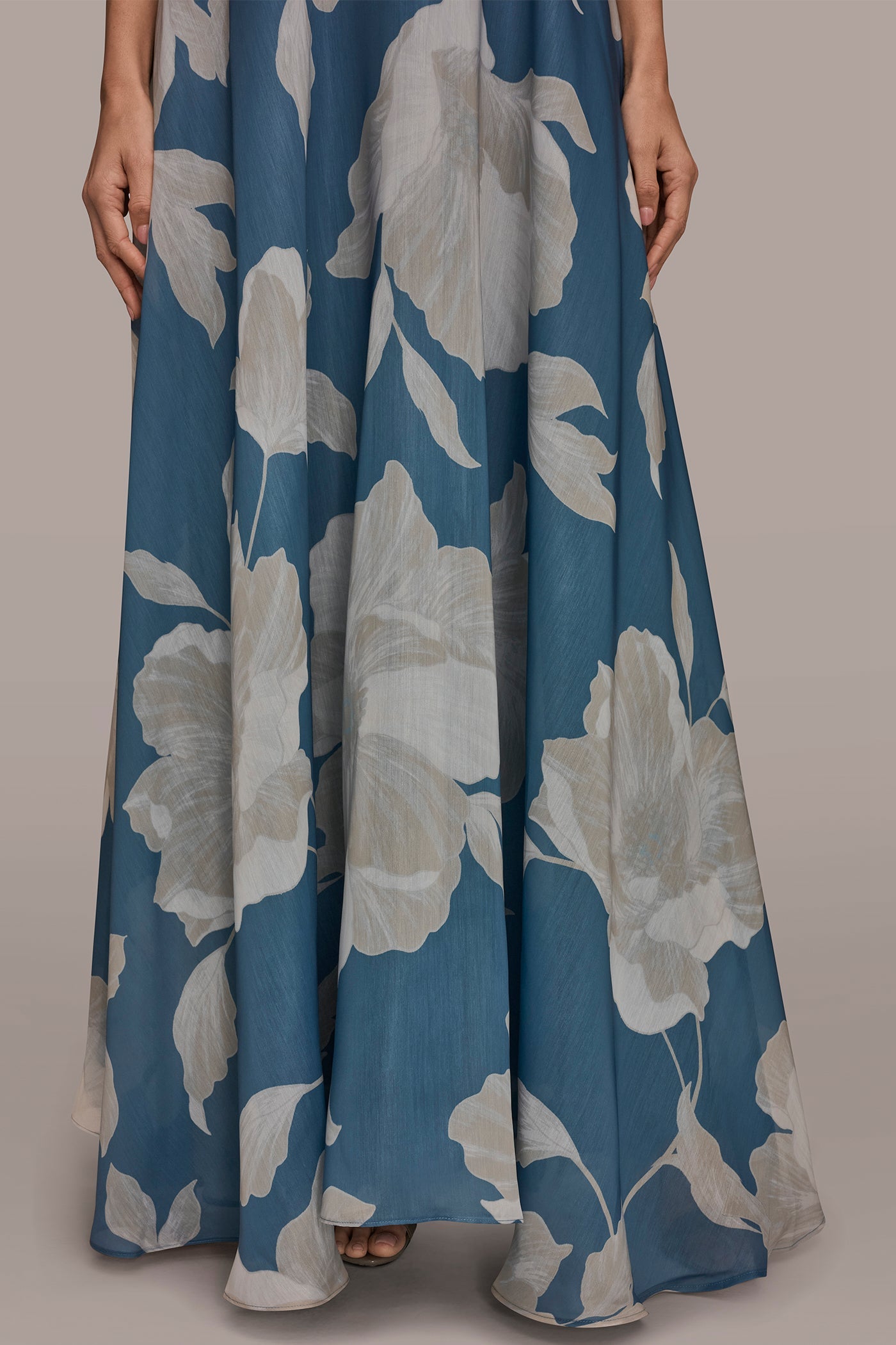 Washed Indigo/Cream Multi ORGANZA STRAPLESS FLORAL PLEATED GOWN Donna Karan