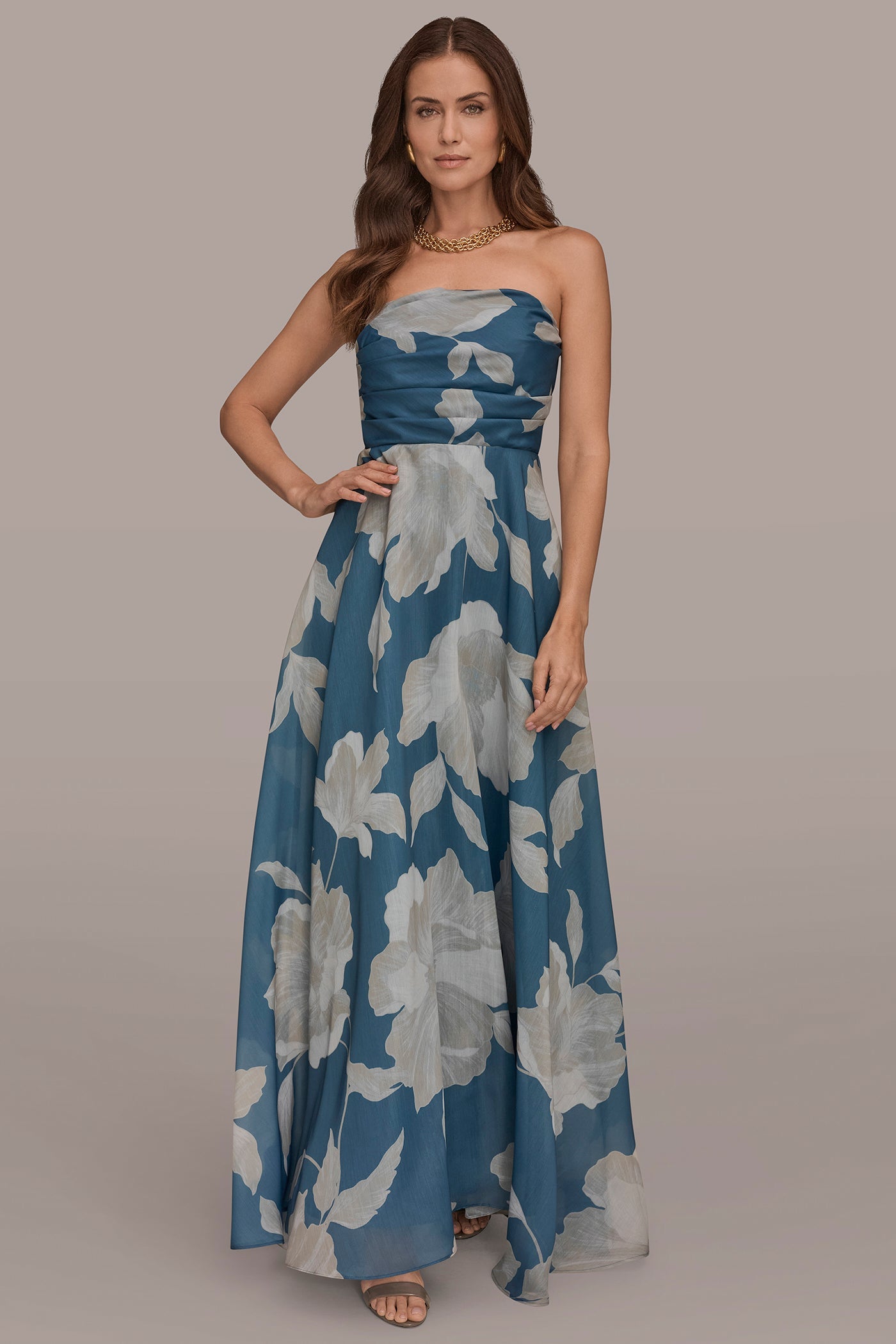 Washed Indigo/Cream Multi ORGANZA STRAPLESS FLORAL PLEATED GOWN Donna Karan