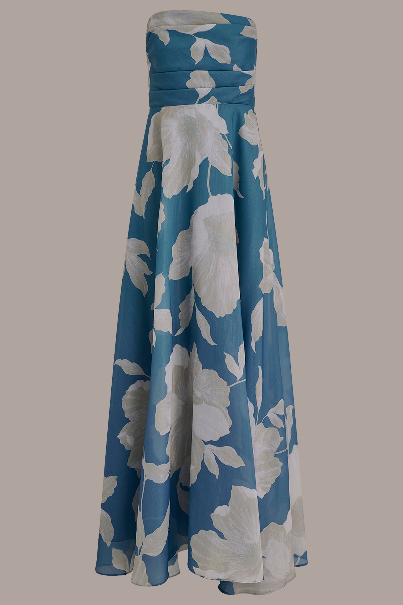 Washed Indigo/Cream Multi ORGANZA STRAPLESS FLORAL PLEATED GOWN Donna Karan