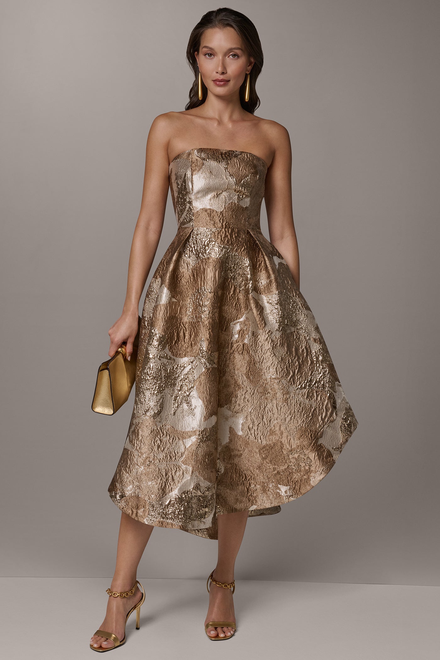 Umbria Multi BROCADE STRAPLESS PLEATED MIDI GOWN Donna Karan