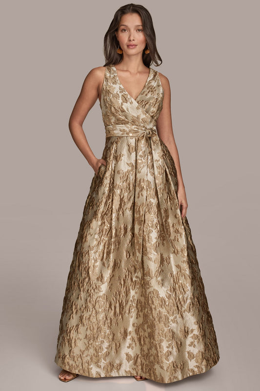 Frosted Beige Multi BROCADE SLEEVELESS WRAP BALL GOWN Donna Karan