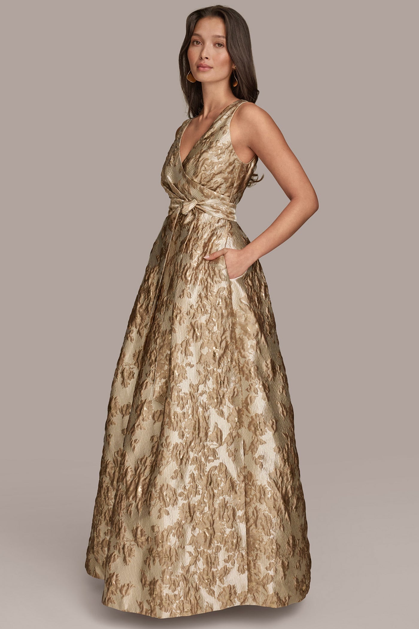 Frosted Beige Multi BROCADE SLEEVELESS WRAP BALL GOWN Donna Karan