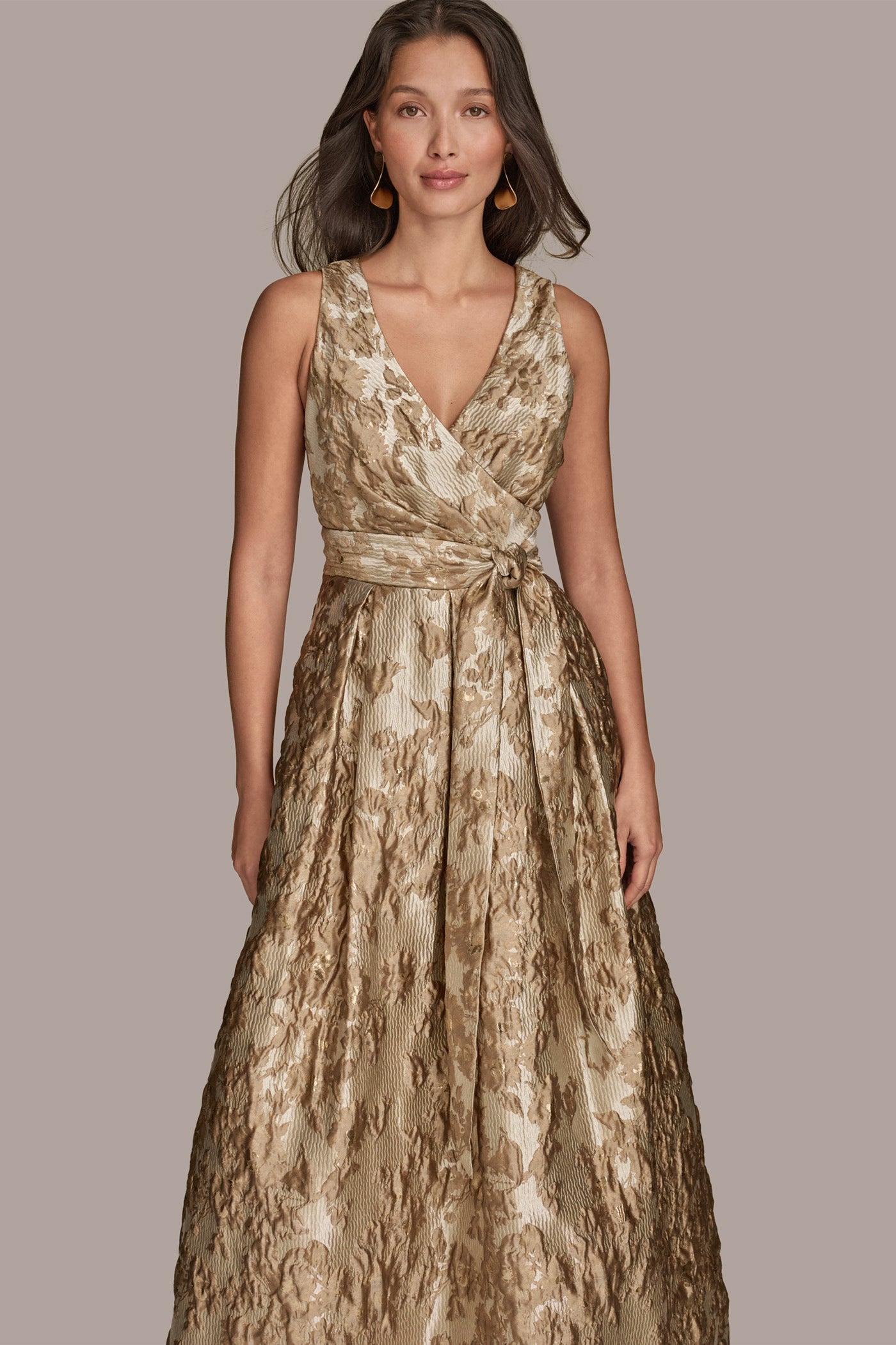 Frosted Beige Multi BROCADE SLEEVELESS WRAP BALL GOWN Donna Karan