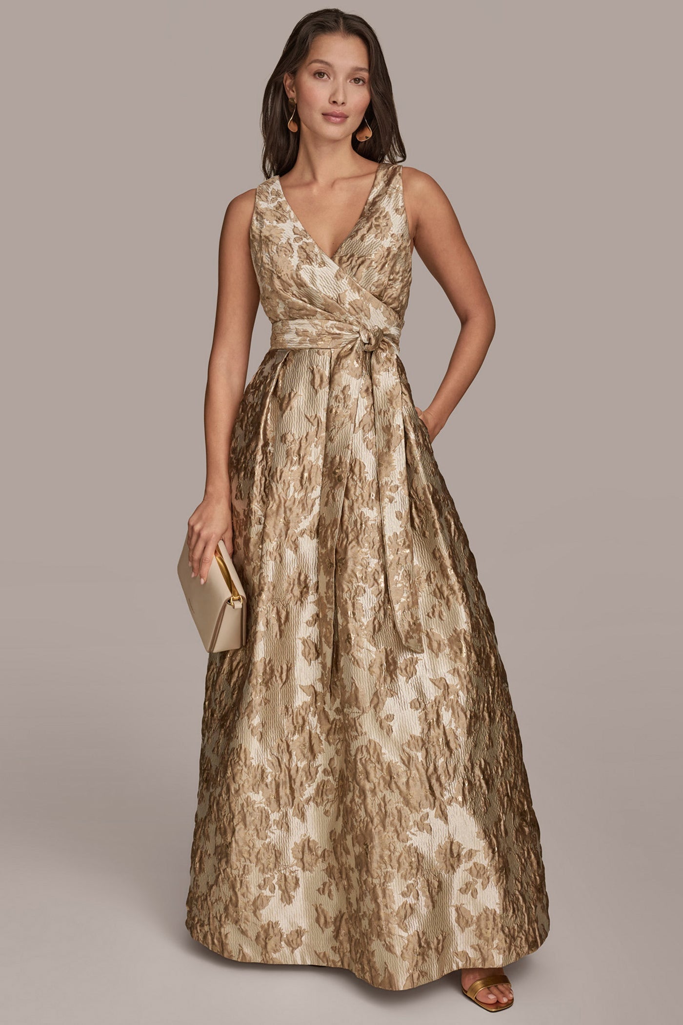 Frosted Beige Multi BROCADE SLEEVELESS WRAP BALL GOWN Donna Karan