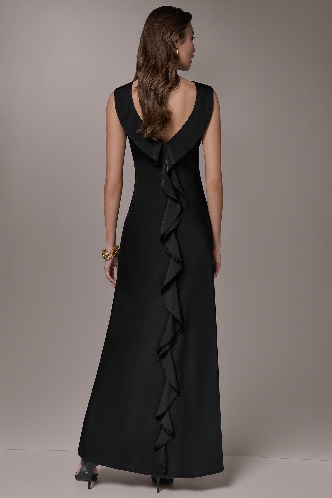 Black SATIN RUFFLE BACK GOWN Donna Karan