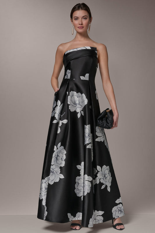 Black Cream MIKADO FLORAL STRAPLESS BALL GOWN Donna Karan