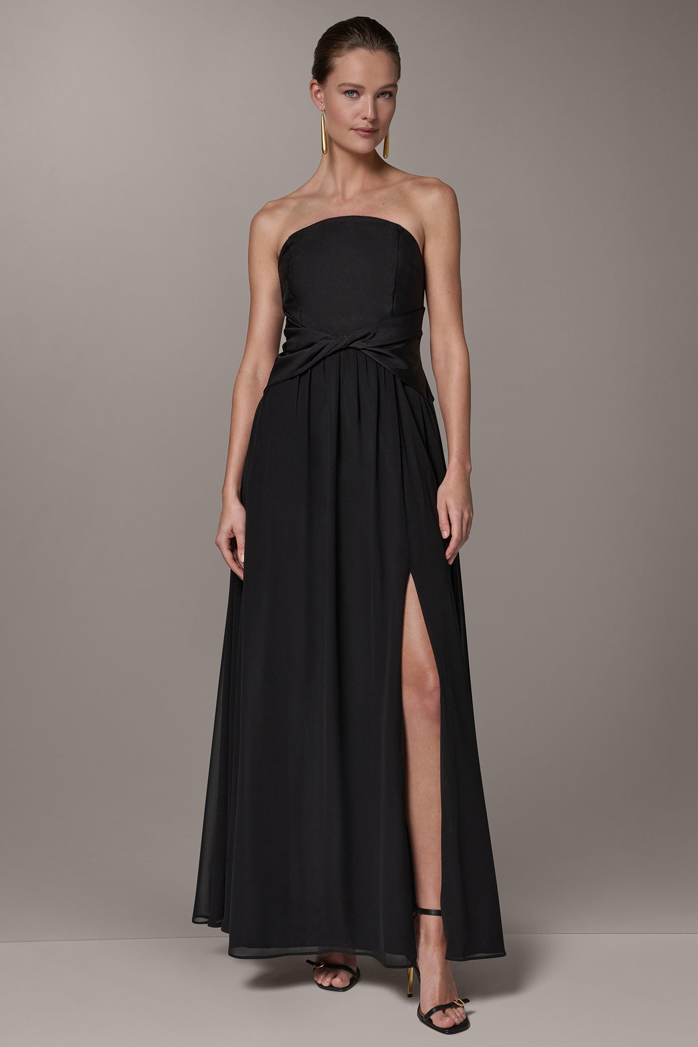 Black MIKADO AND CHIFFON STRAPLESS TWIST GOWN Donna Karan