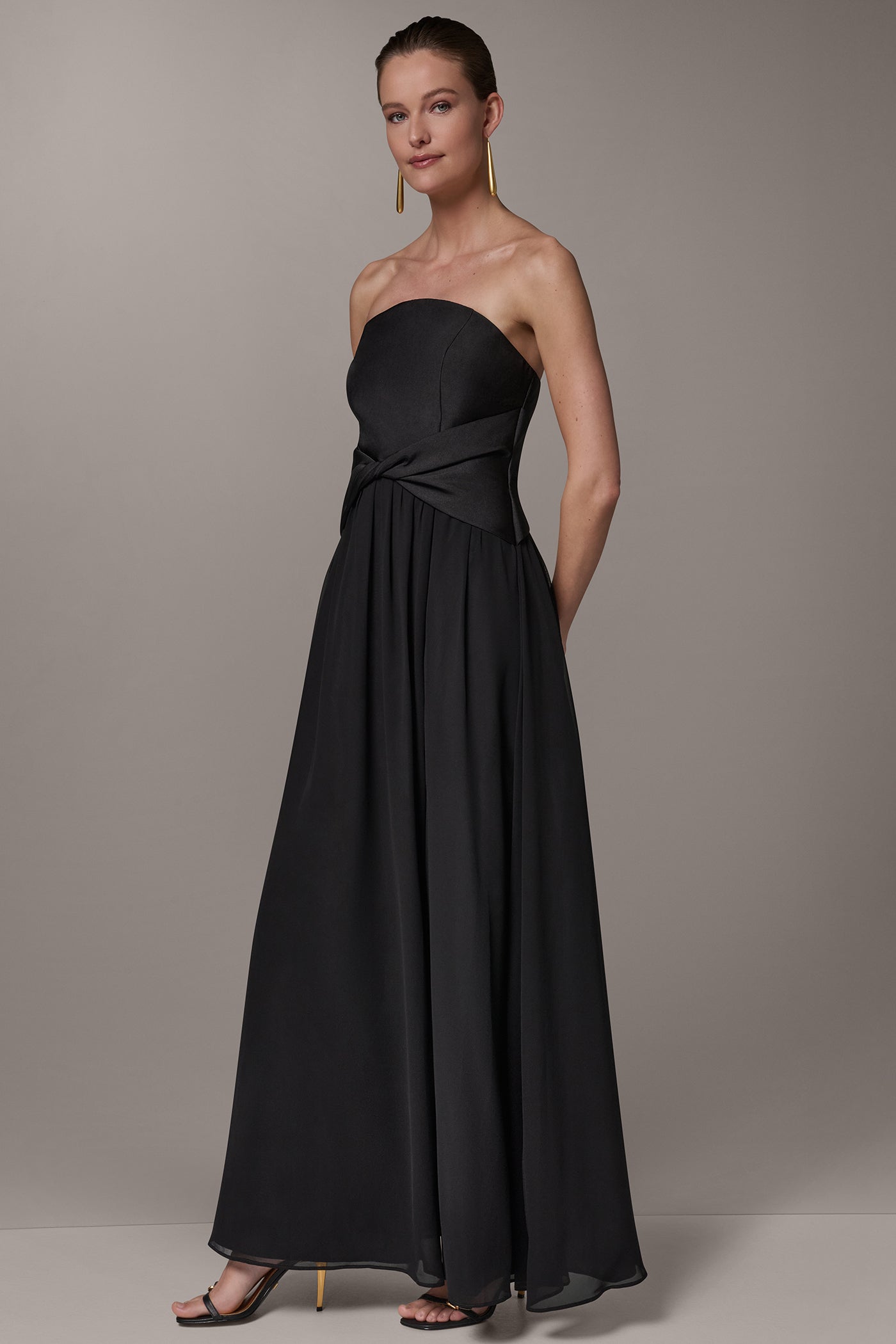 Black MIKADO AND CHIFFON STRAPLESS TWIST GOWN Donna Karan