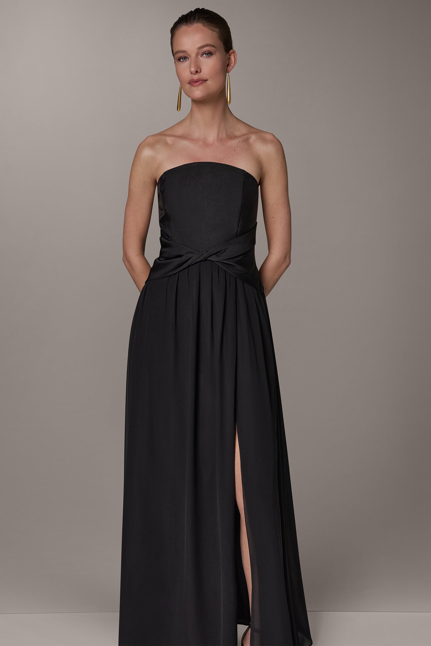 Black MIKADO AND CHIFFON STRAPLESS TWIST GOWN Donna Karan