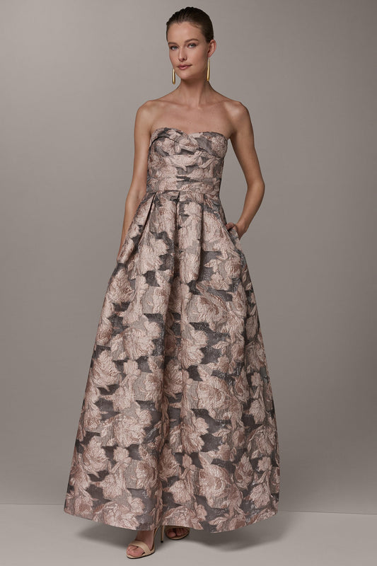 Snow Petal Multi FLORAL-JACQUARD STRAPLESS BALL GOWN Donna Karan