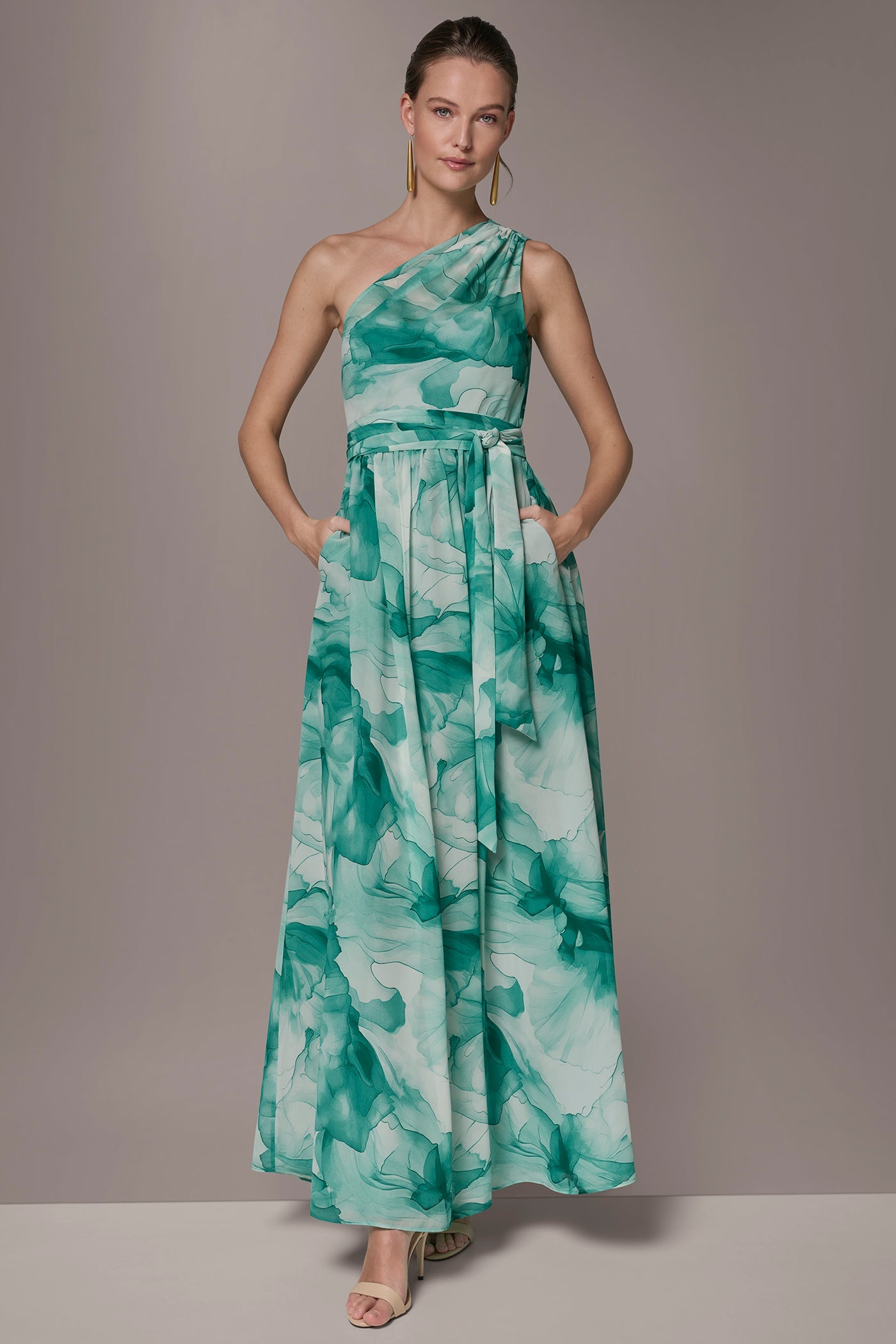 Lawn Multi CHIFFON FLORAL ONE-SHOULDER GOWN Donna Karan