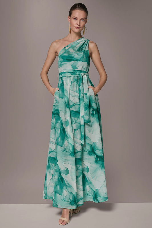 Lawn Multi CHIFFON FLORAL ONE-SHOULDER GOWN Donna Karan