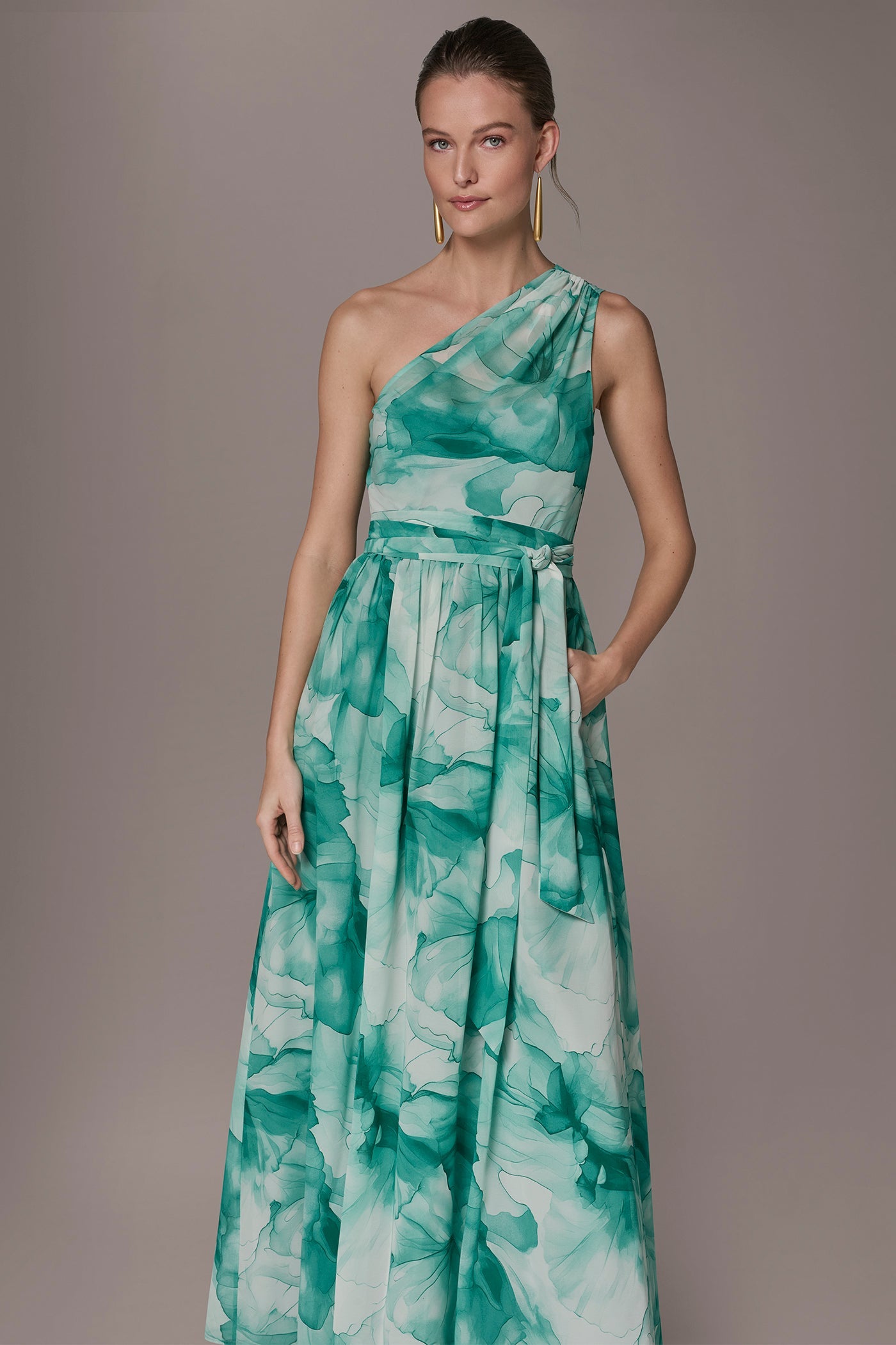 Lawn Multi CHIFFON FLORAL ONE-SHOULDER GOWN Donna Karan
