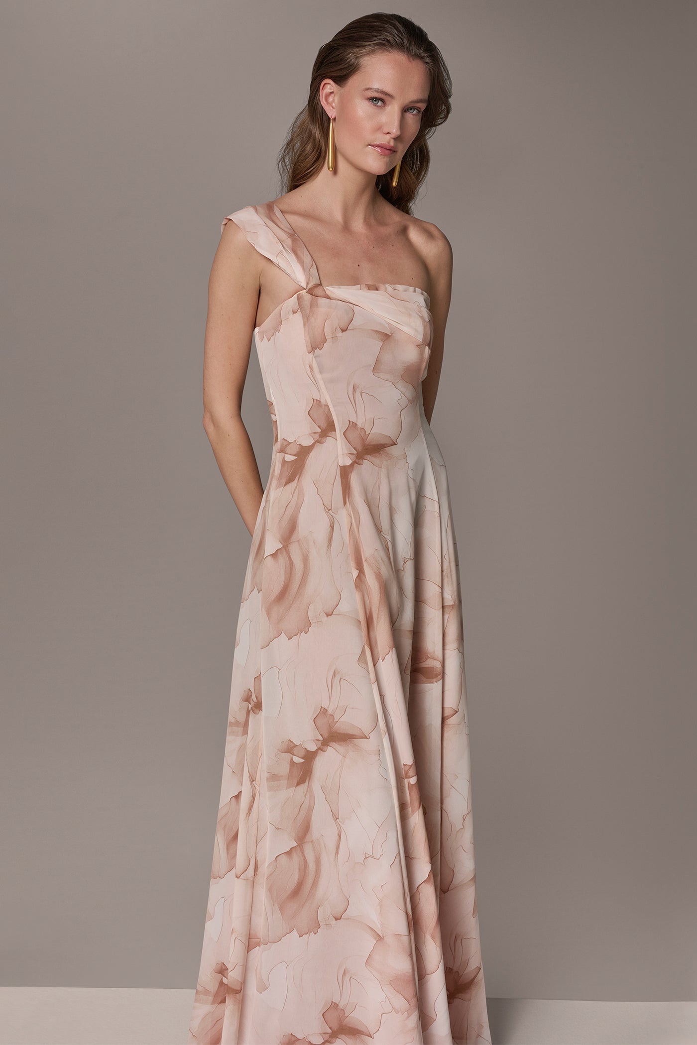 Umbria Multi CHIFFON FLORAL ONE-SHOULDER TWIST BALL GOWN Donna Karan