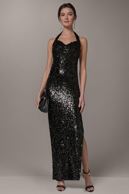 Black SEQUIN HALTER GOWN Donna Karan