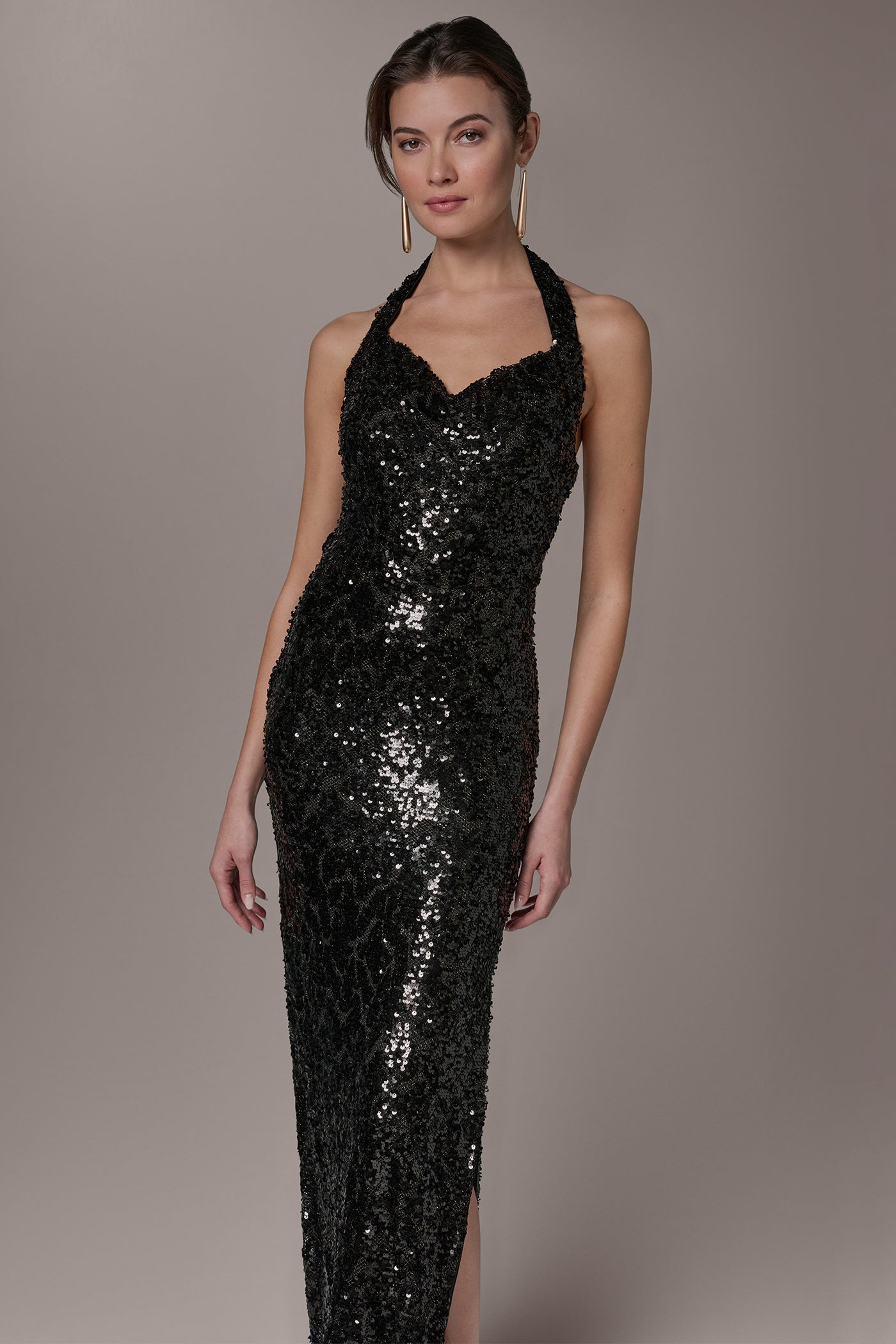 Black SEQUIN HALTER GOWN Donna Karan