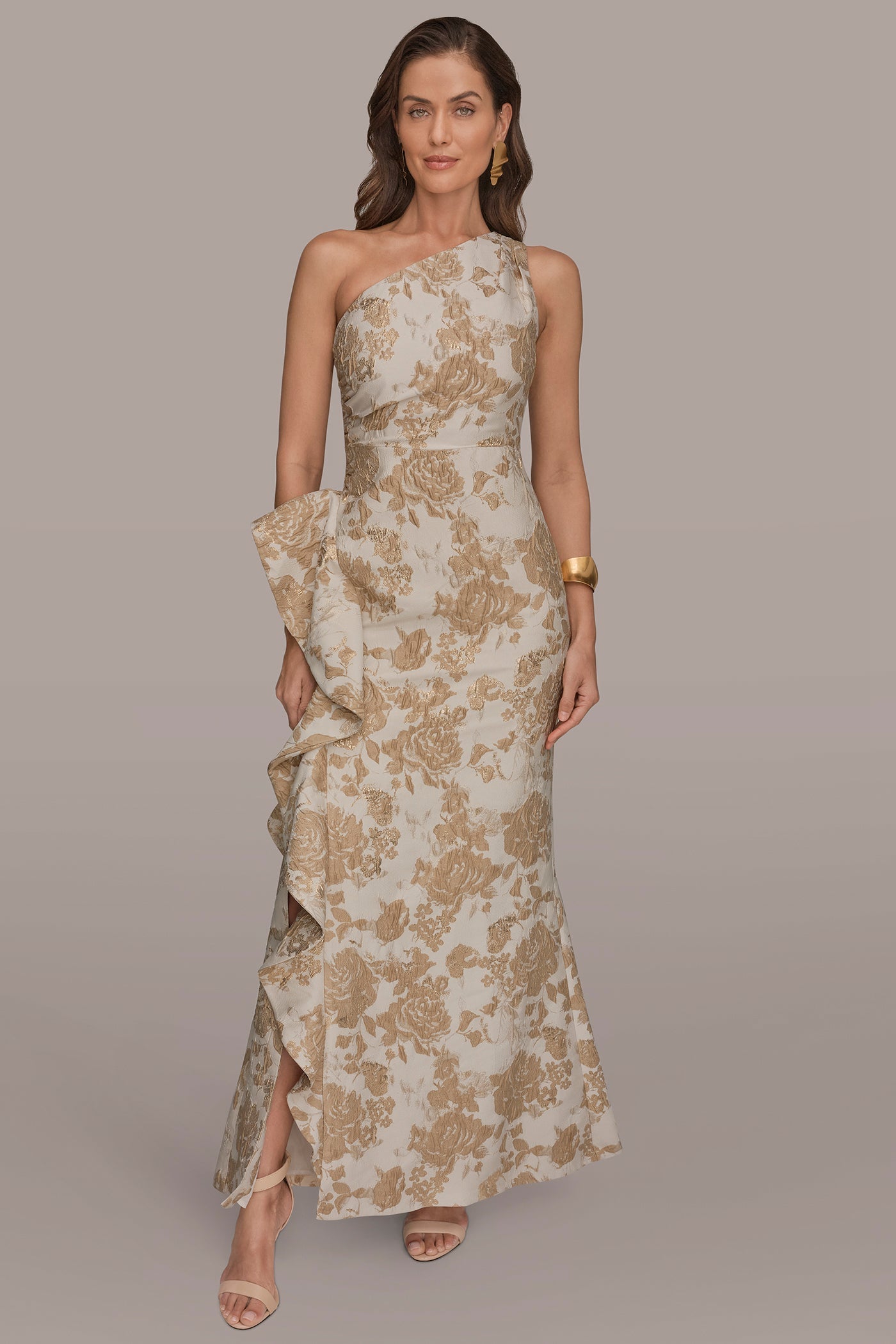 Gold Multi FLORAL-JACQUARD ONE-SHOULDER RUFFLE GOWN Donna Karan