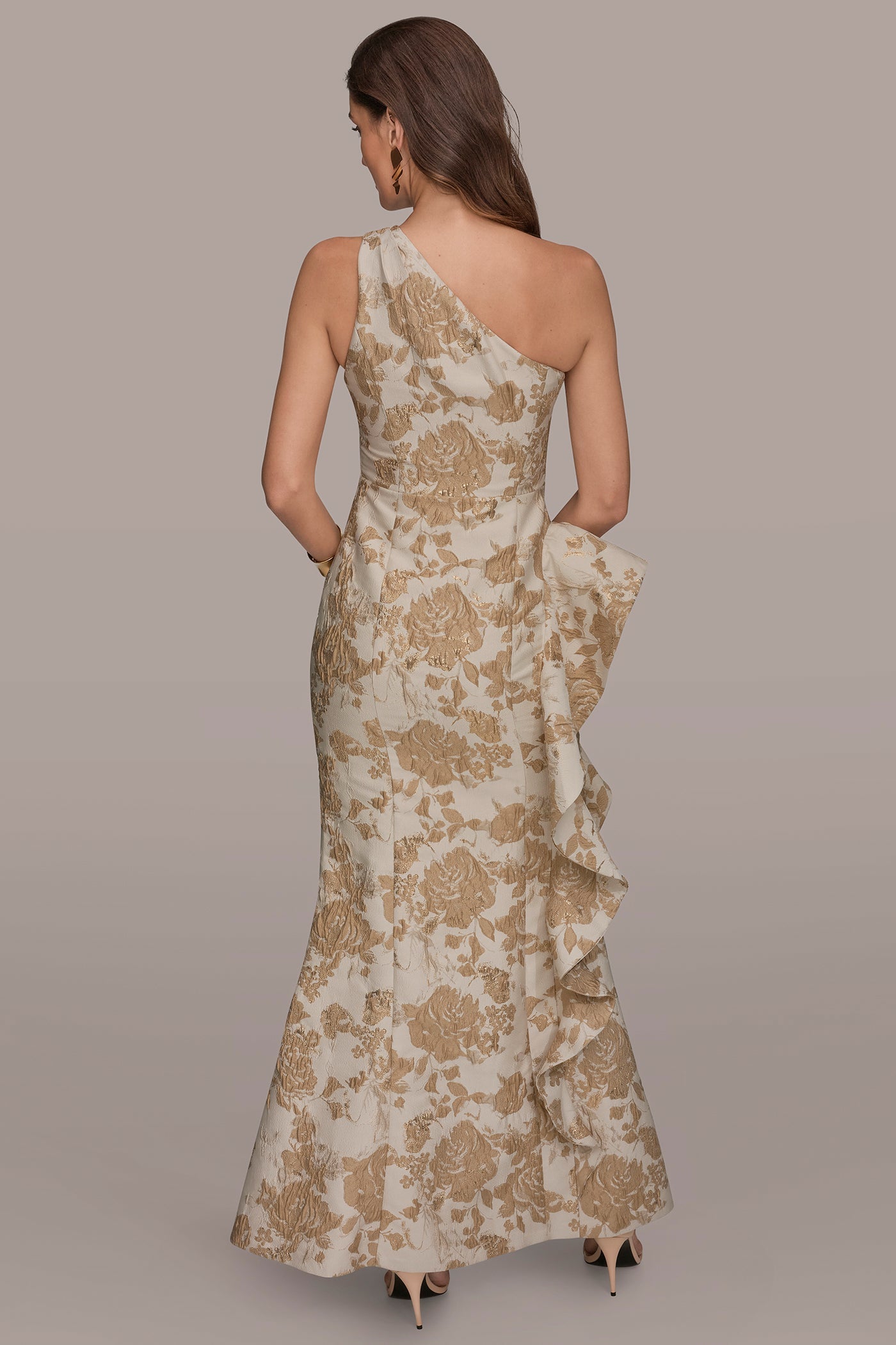 Gold Multi FLORAL-JACQUARD ONE-SHOULDER RUFFLE GOWN Donna Karan