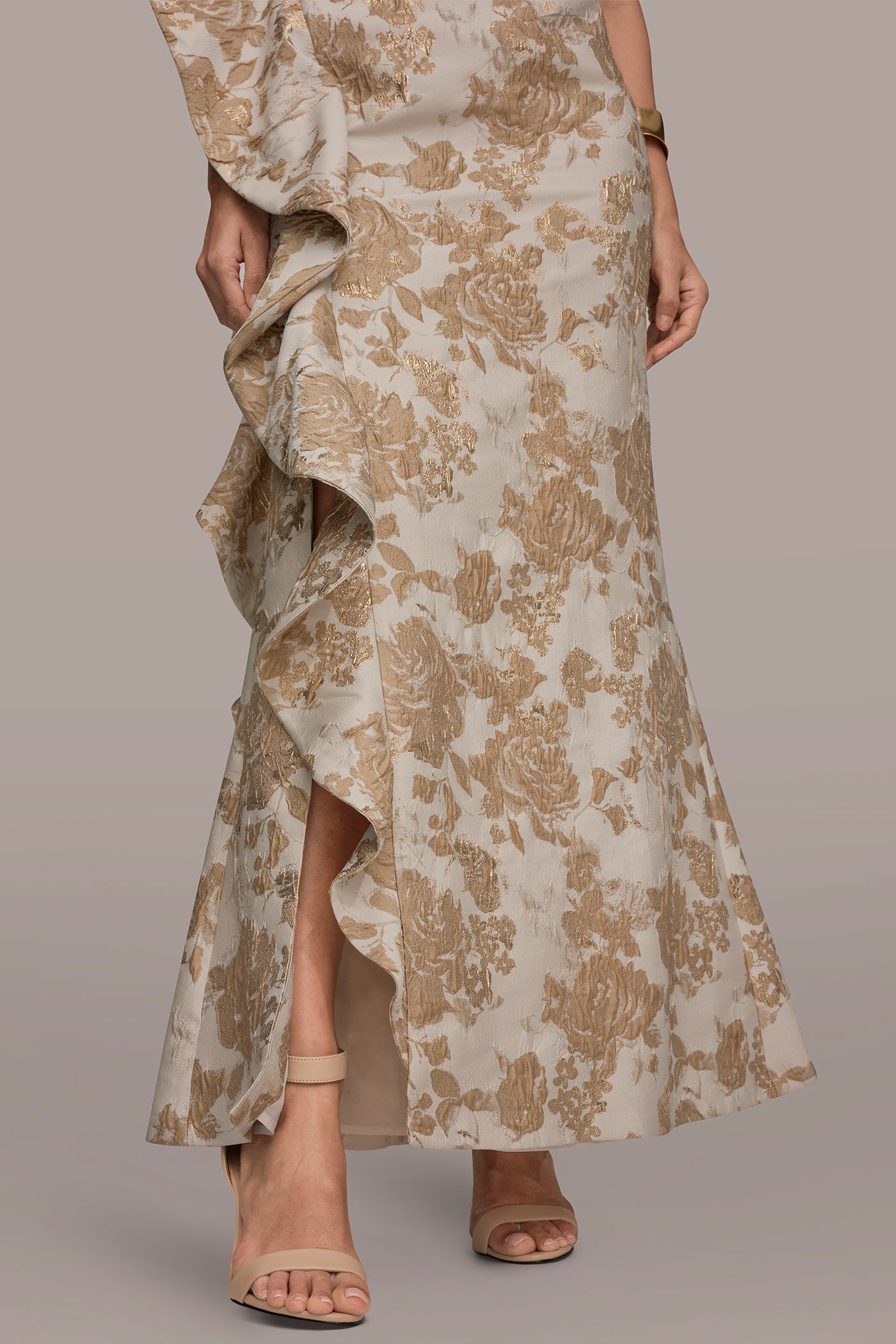 Gold Multi FLORAL-JACQUARD ONE-SHOULDER RUFFLE GOWN Donna Karan