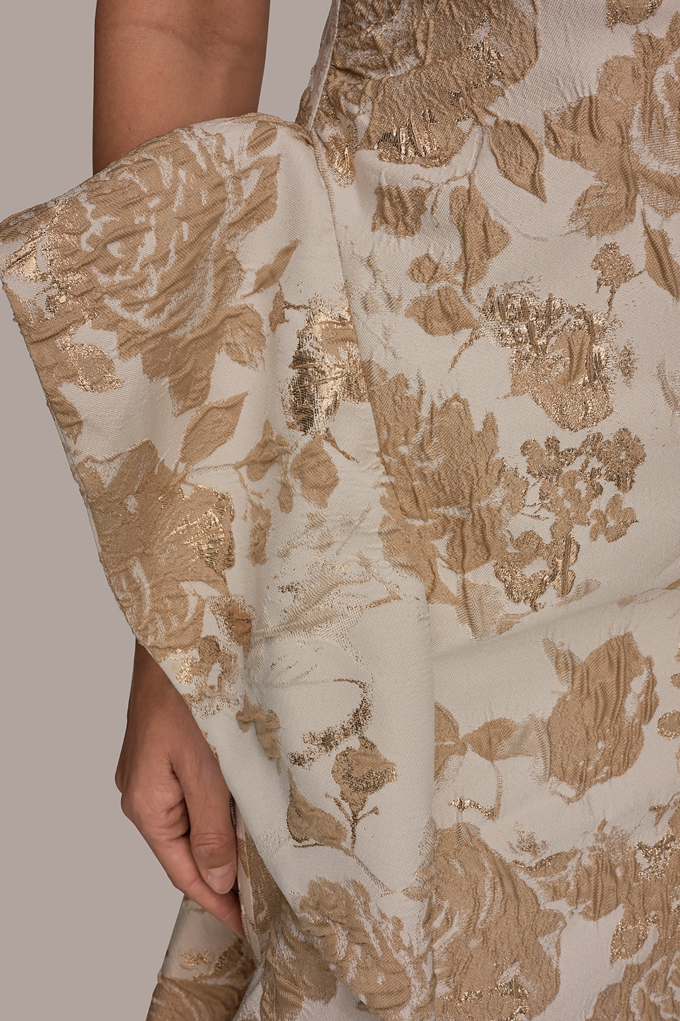 Gold Multi FLORAL-JACQUARD ONE-SHOULDER RUFFLE GOWN Donna Karan