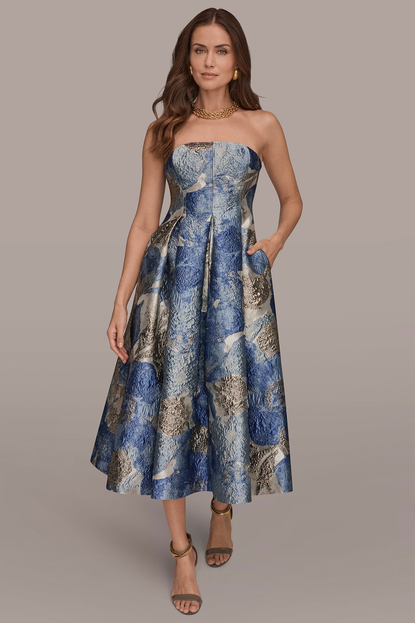 Washed Indigo Multi METALLIC FLORAL-JACQUARD SLEEVELESS MIDI GOWN Donna Karan