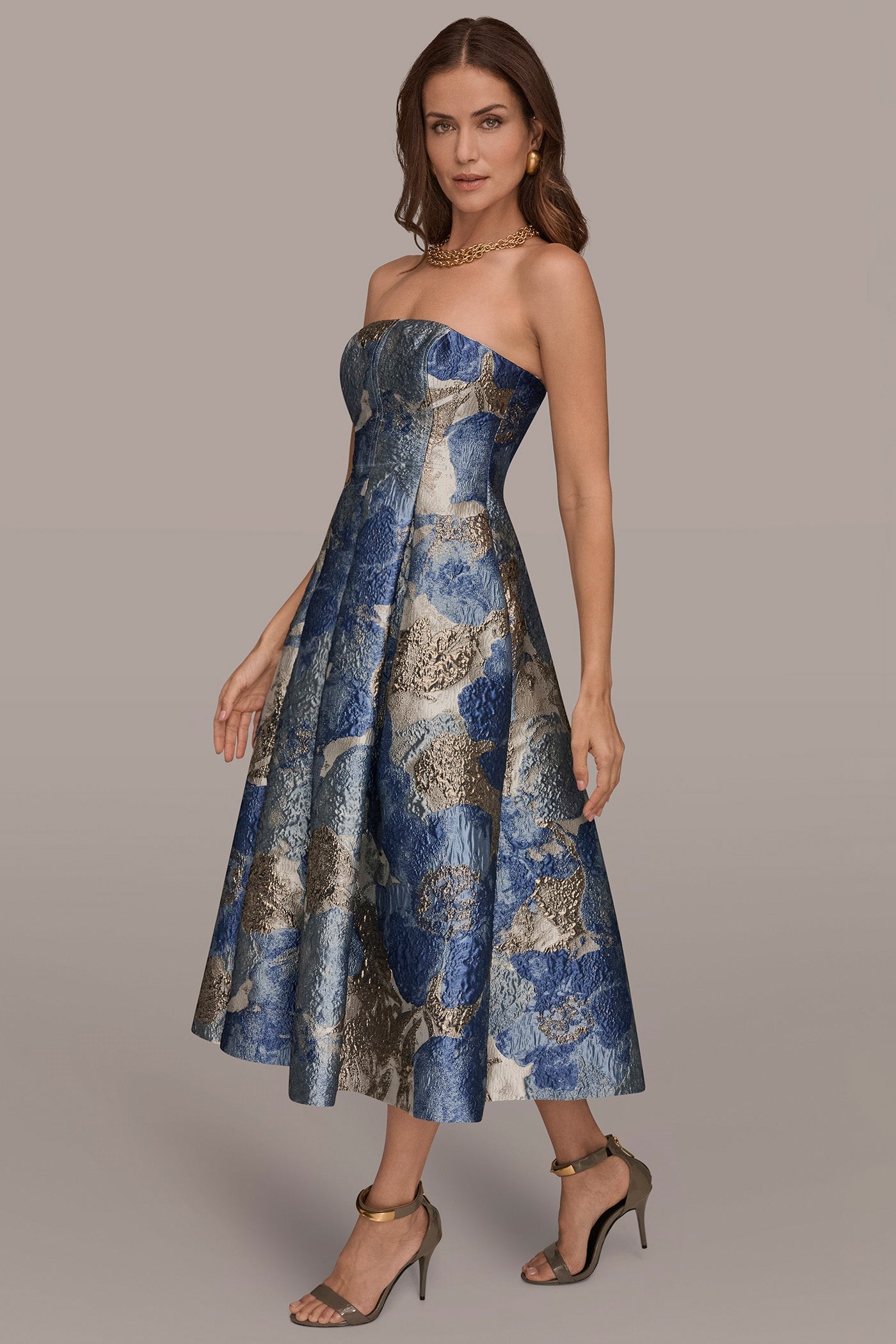 Washed Indigo Multi METALLIC FLORAL-JACQUARD SLEEVELESS MIDI GOWN Donna Karan