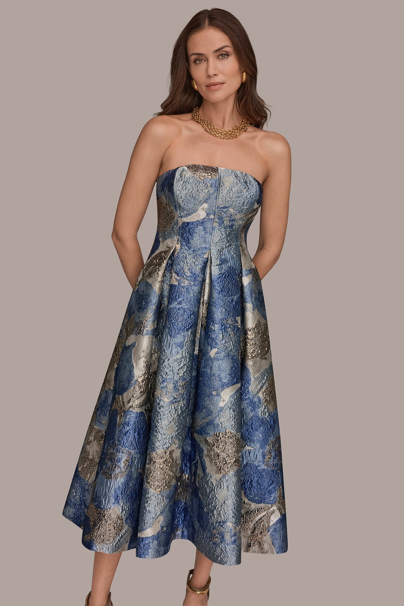 Washed Indigo Multi METALLIC FLORAL-JACQUARD SLEEVELESS MIDI GOWN Donna Karan