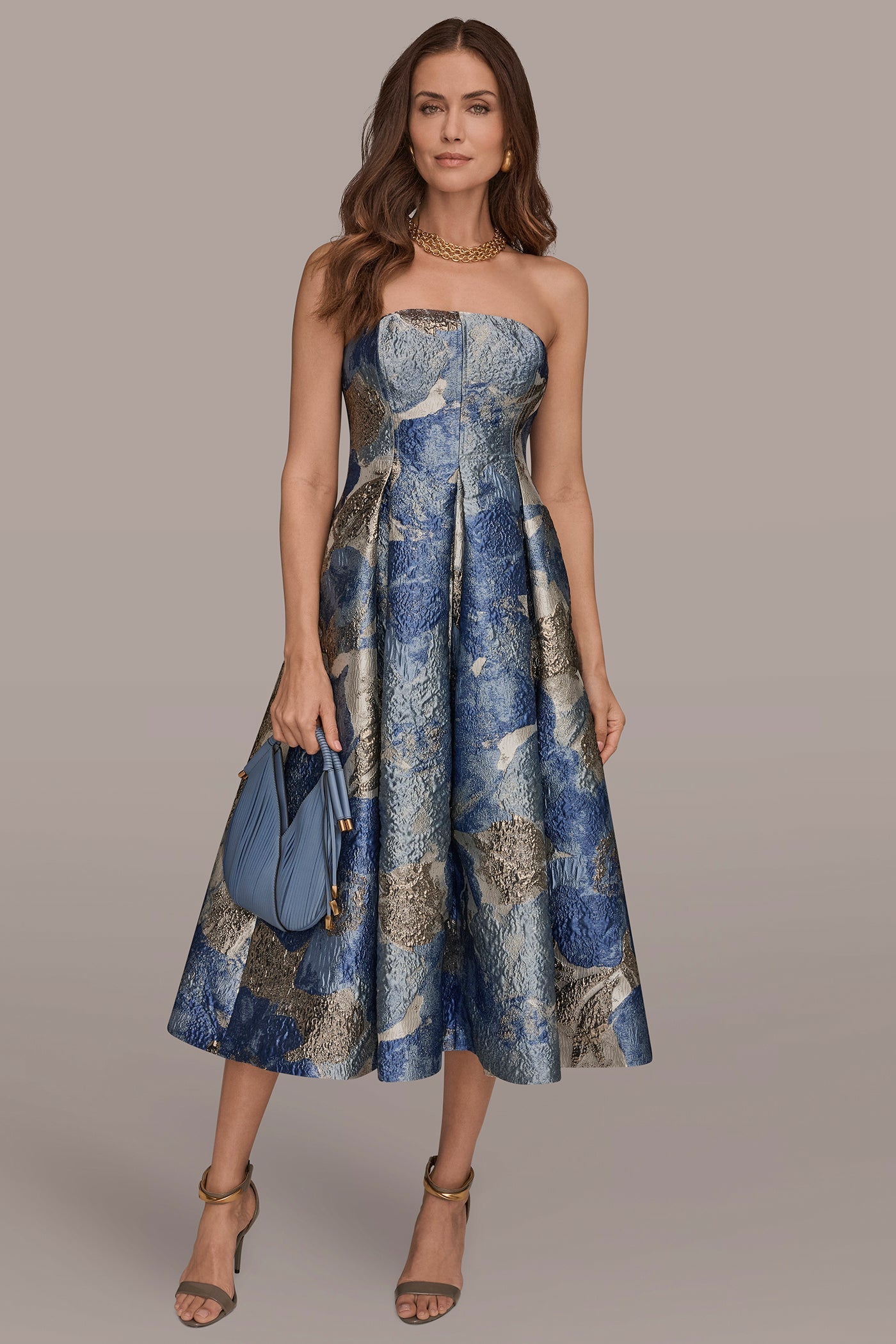 Washed Indigo Multi METALLIC FLORAL-JACQUARD SLEEVELESS MIDI GOWN Donna Karan