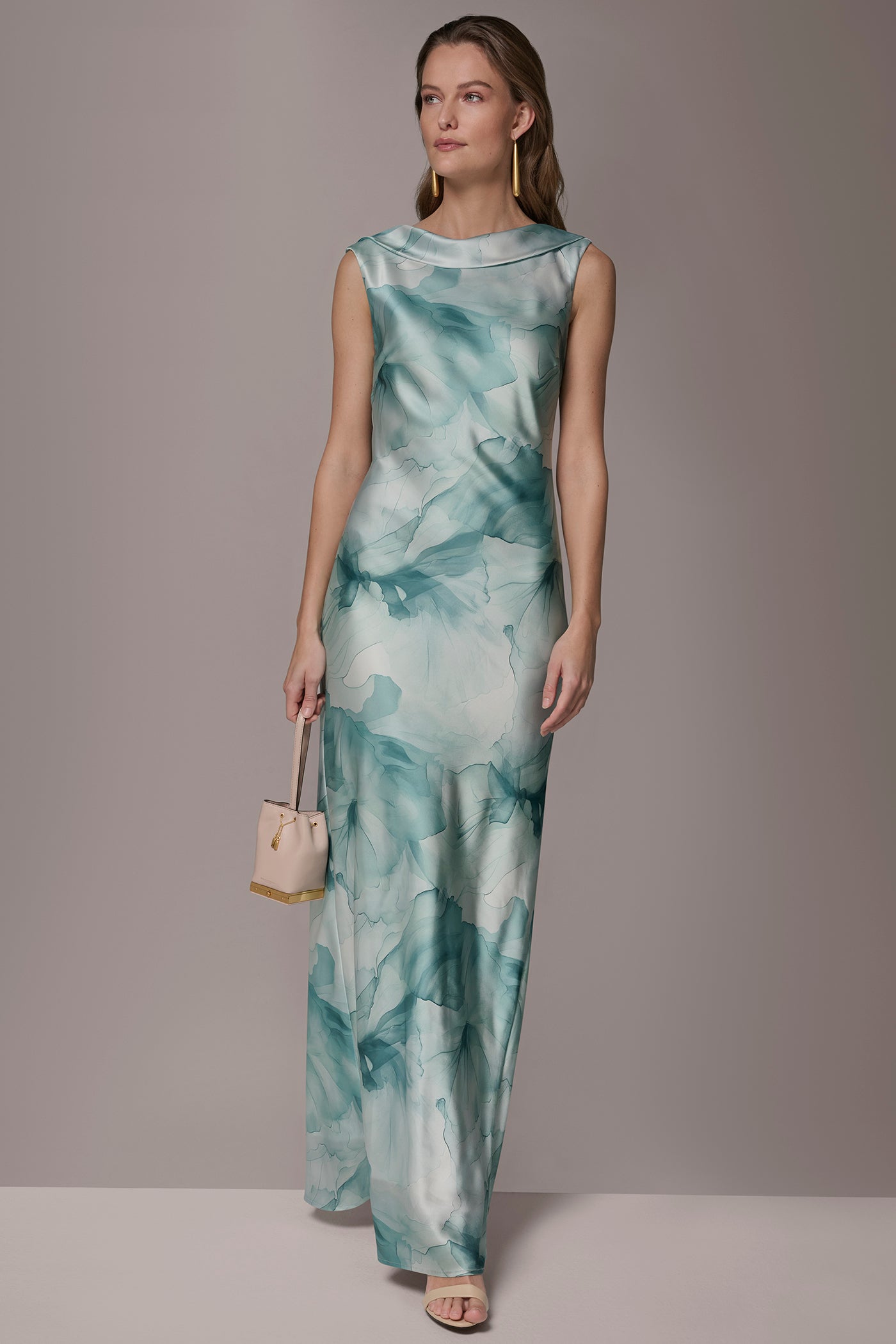 Waterlily Multi CHARMEUSE FLORAL RUFFLE GOWN Donna Karan